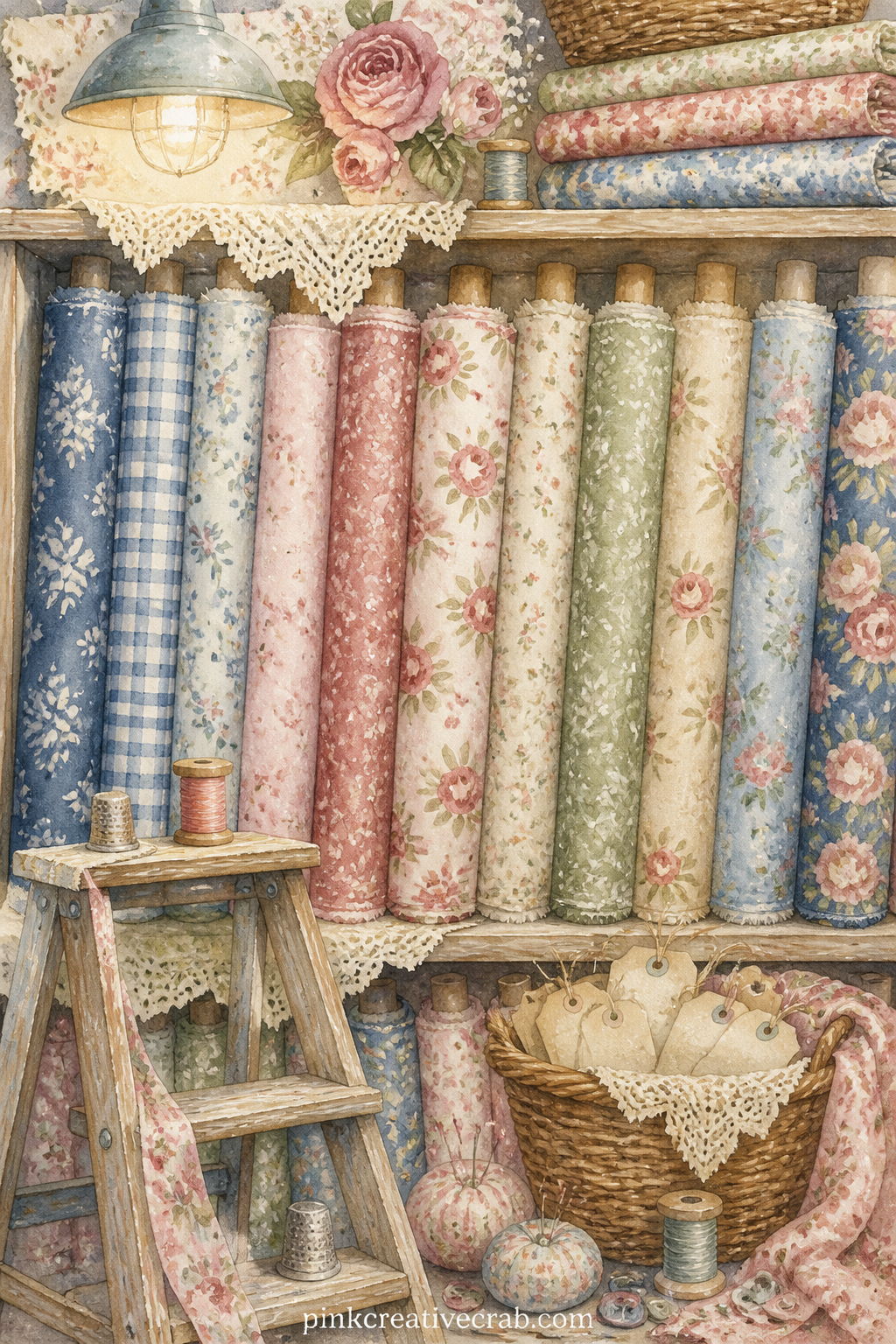 Sewing Shop Shelf Of Fabric Bolts printable page — Rolled bolts of fabric stand upright on a shop shelf, their printed edges catching the light, with a small