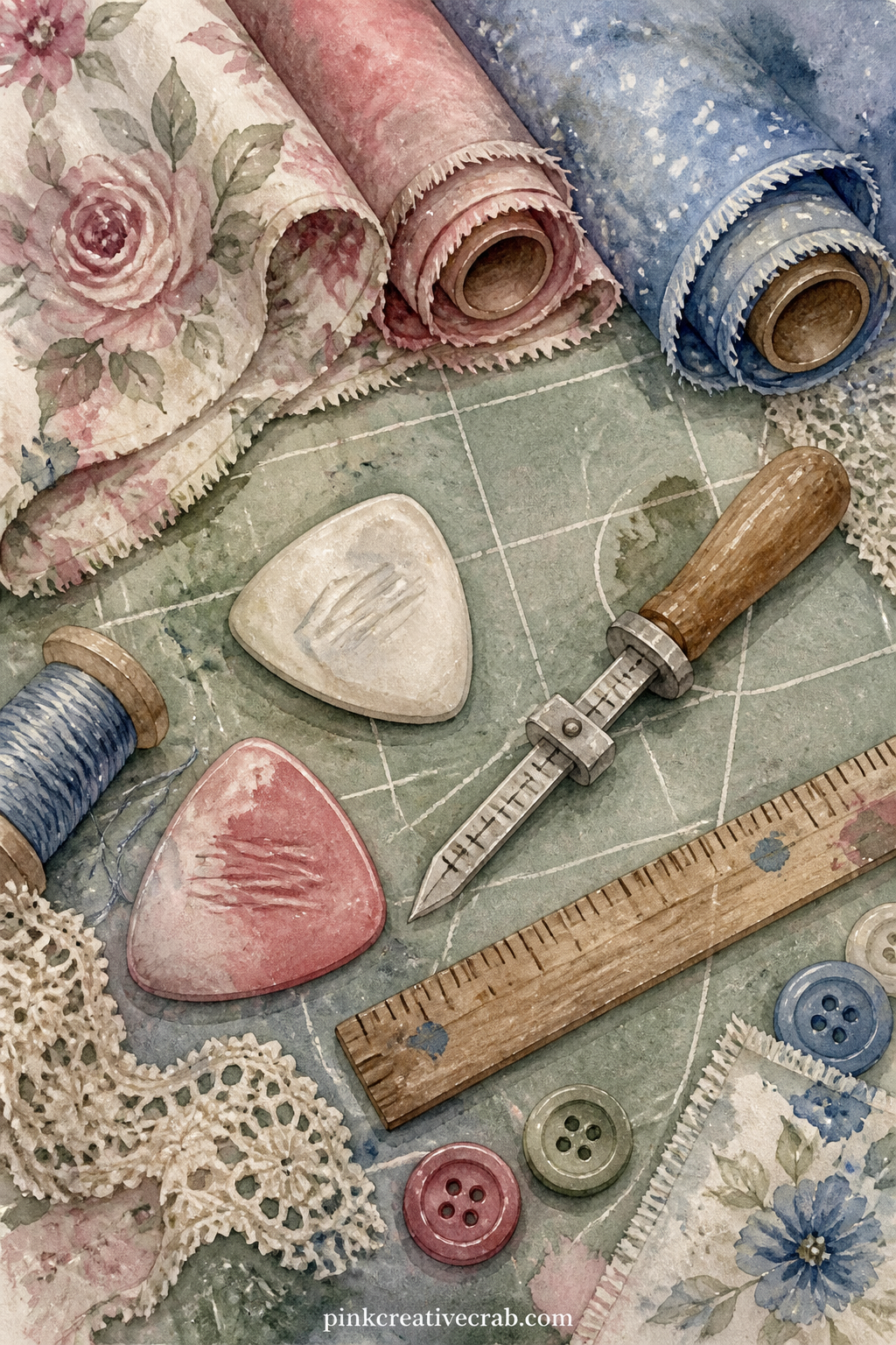 Tailor's Chalk And Measuring Tools printable page — Glue a tiny scrap of real fabric beside this page if the journal allows loose additions, matching one of
