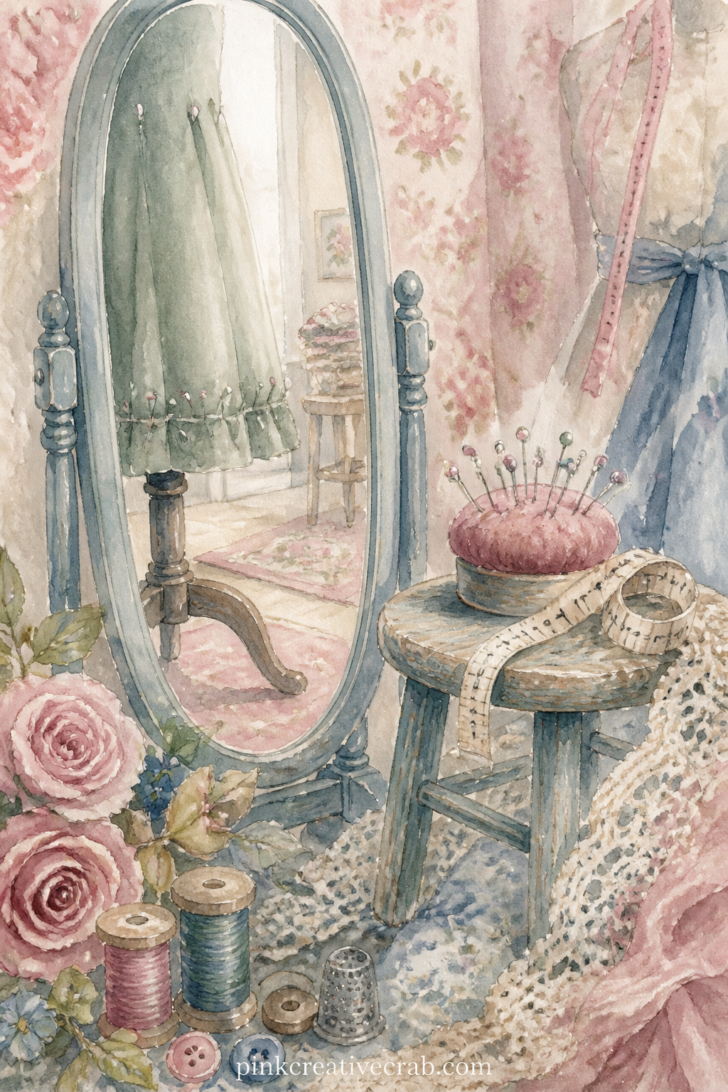Fitting Room Mirror And Pins printable page — A tall mirror reflects a half pinned hem, with a cushion of pins and a folded measuring tape resting on a stool