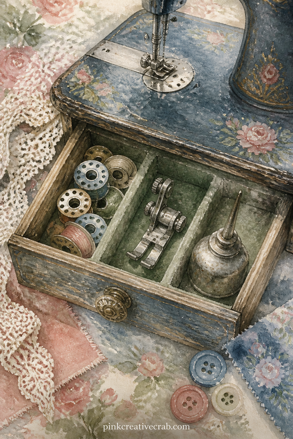 Sewing Machine Drawer Of Attachments printable page — An open drawer beneath an old machine holds spare bobbins, a buttonhole foot and a small oil can, each