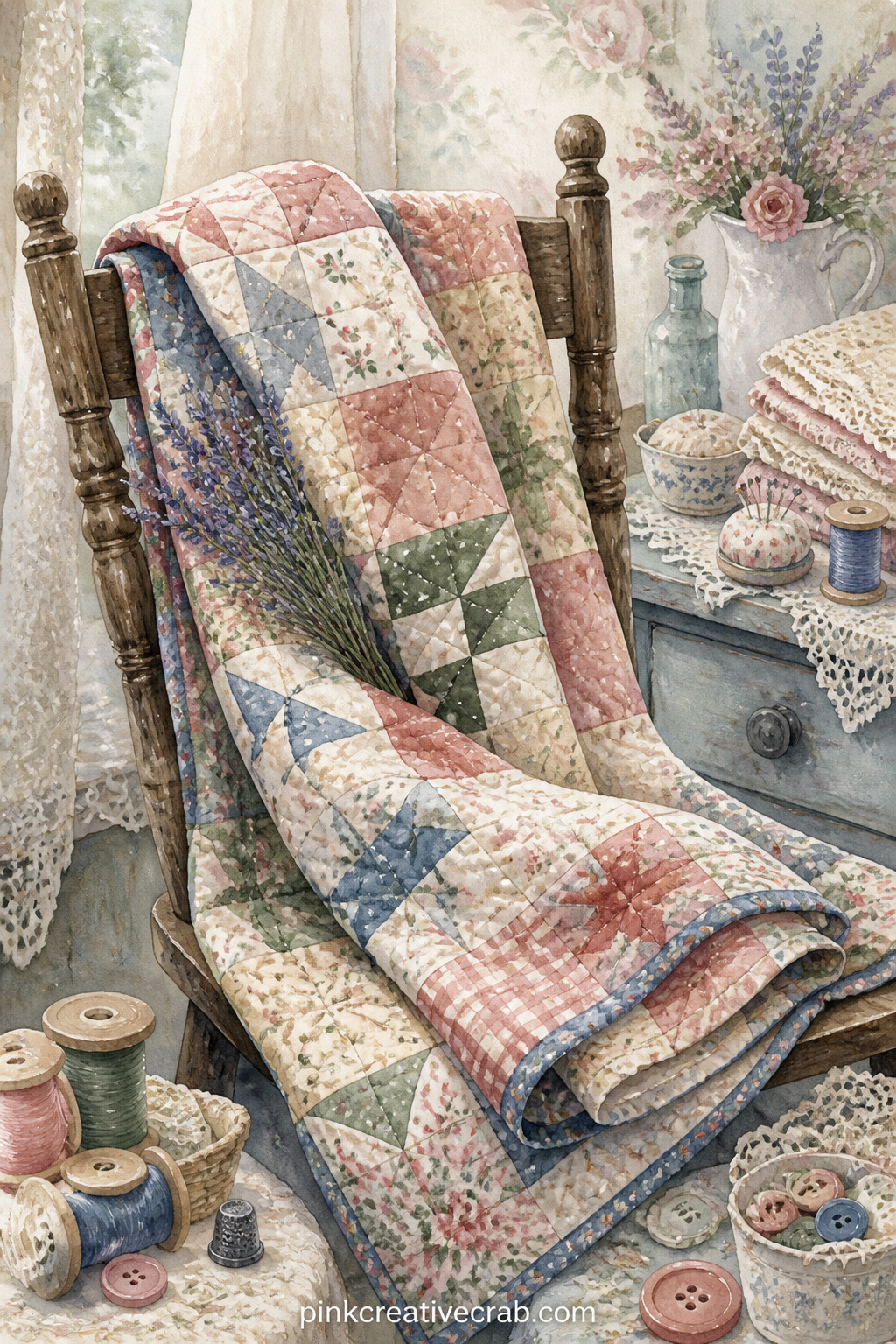 Finished Quilt Folded On A Chair printable page — A finished patchwork quilt lies folded over the back of a wooden chair, its stitches catching the light, a