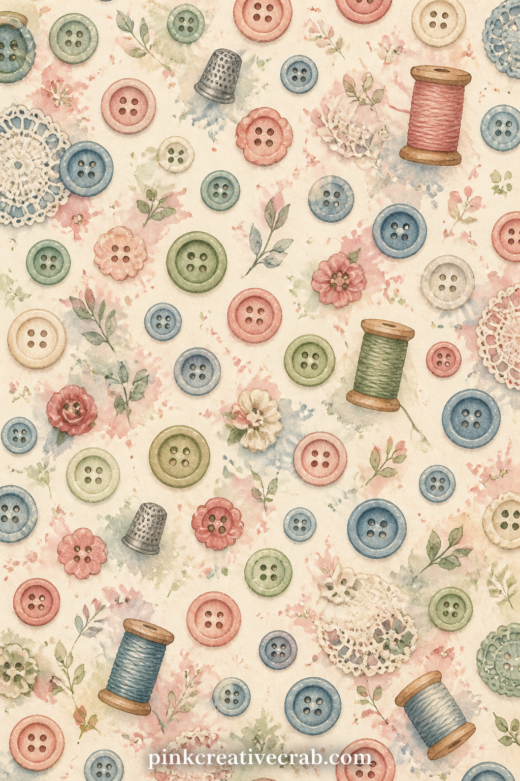 Scattered Buttons Pattern printable page — Buttons of every shape repeat edge to edge in this muted pattern, good as a cover sheet, a lining behind a photo of