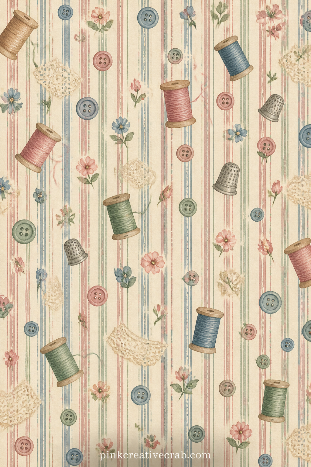 Ticking Stripe Pattern printable page — Soft vertical stripes in muted tones repeat across the sheet, useful under a photo of a sewing table, as a pocket