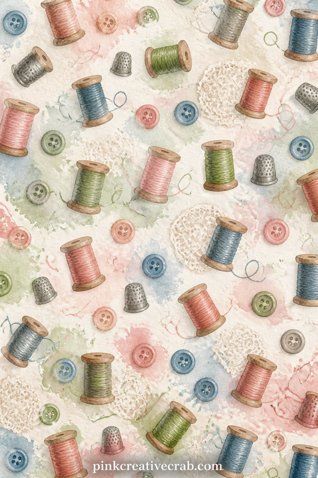 Thread Spool Pattern printable page — Small thread spools in a handful of colours repeat in loose rows, fitting behind a photo, as a journal cover, or trimmed