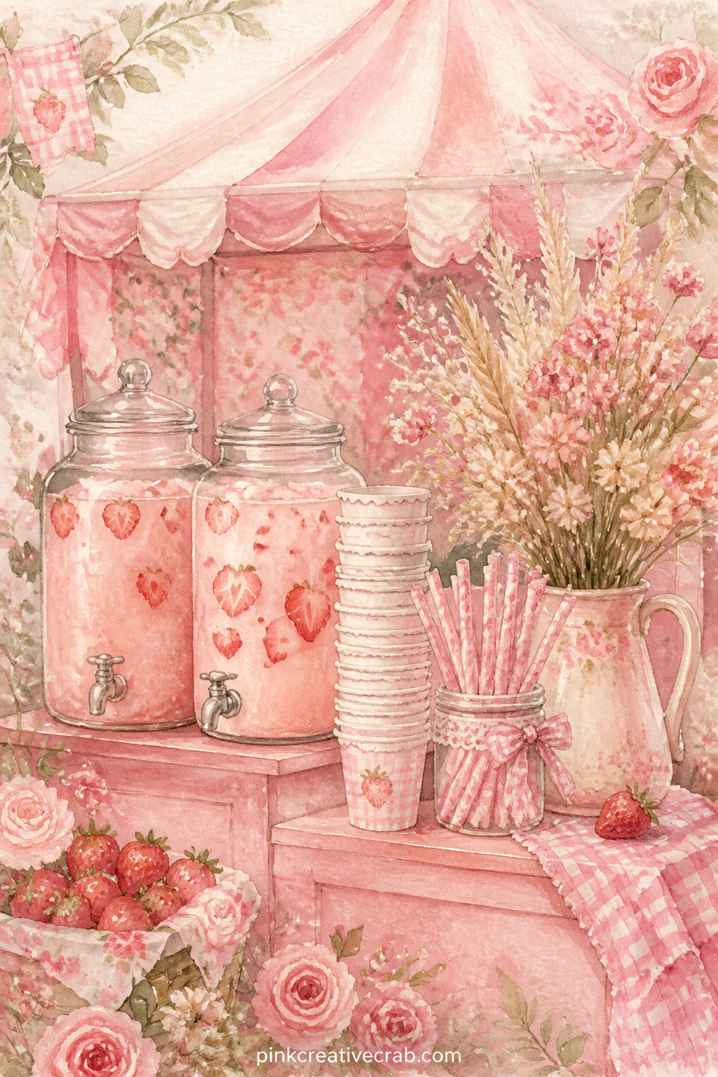 Strawberry Milk Tea Stand printable page — Pair this page with the gingham background later in the set: glue the tea stand on the right page and let the