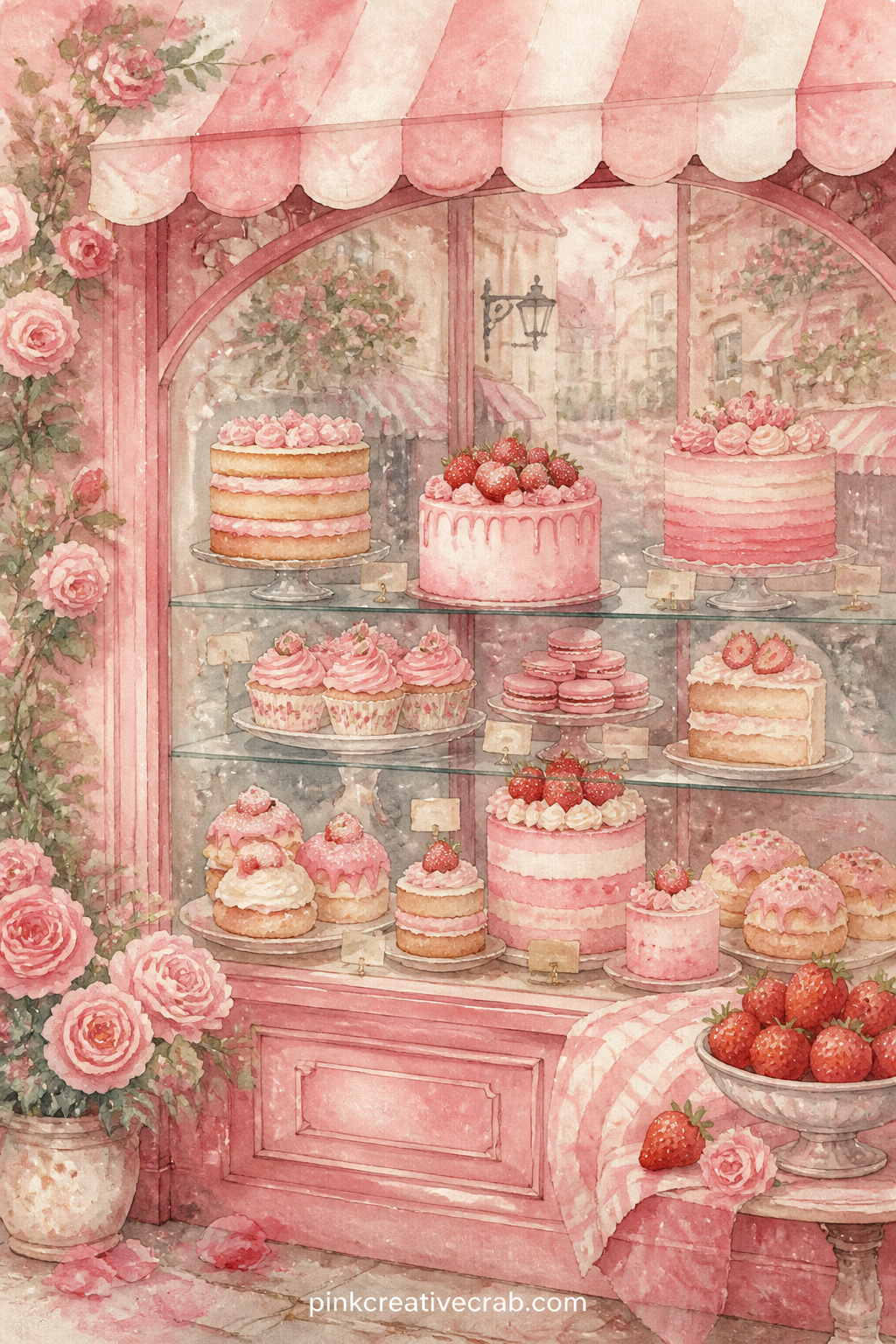 Pink Bakery Window Full Of Cakes printable page — Tuck a real bakery receipt or a handwritten cake order into the margin of this page before you glue it in, so