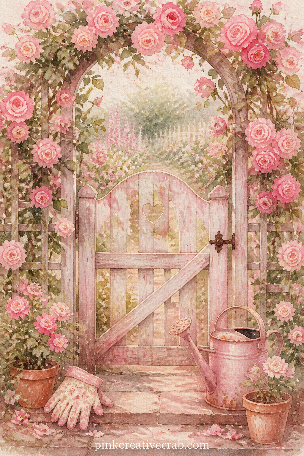Rose Trellis And Garden Gate printable page — Climbing roses over an old gate give this page its shape, with a trailing vine and a pair of garden gloves left