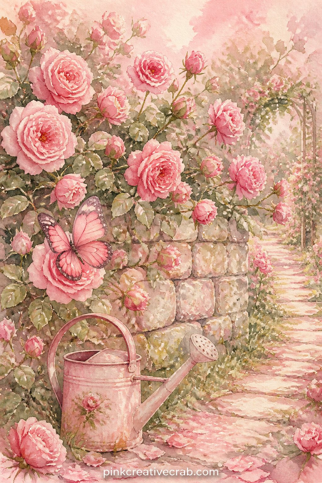 Rose Bush Over A Stone Wall printable page — Spilling pink blooms over a low stone wall, a watering can tucked at its base and a butterfly resting on one bloom