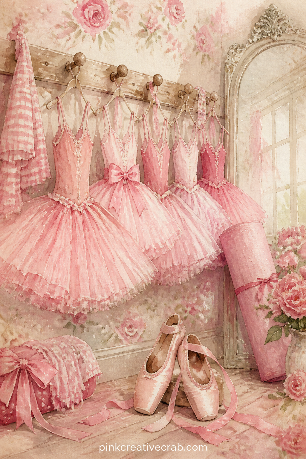 Ballet Studio With Tutus On Hooks printable page — Several tutus on a row of hooks, a pair of pointe shoes dropped below, and a rolled barre mat in the corner