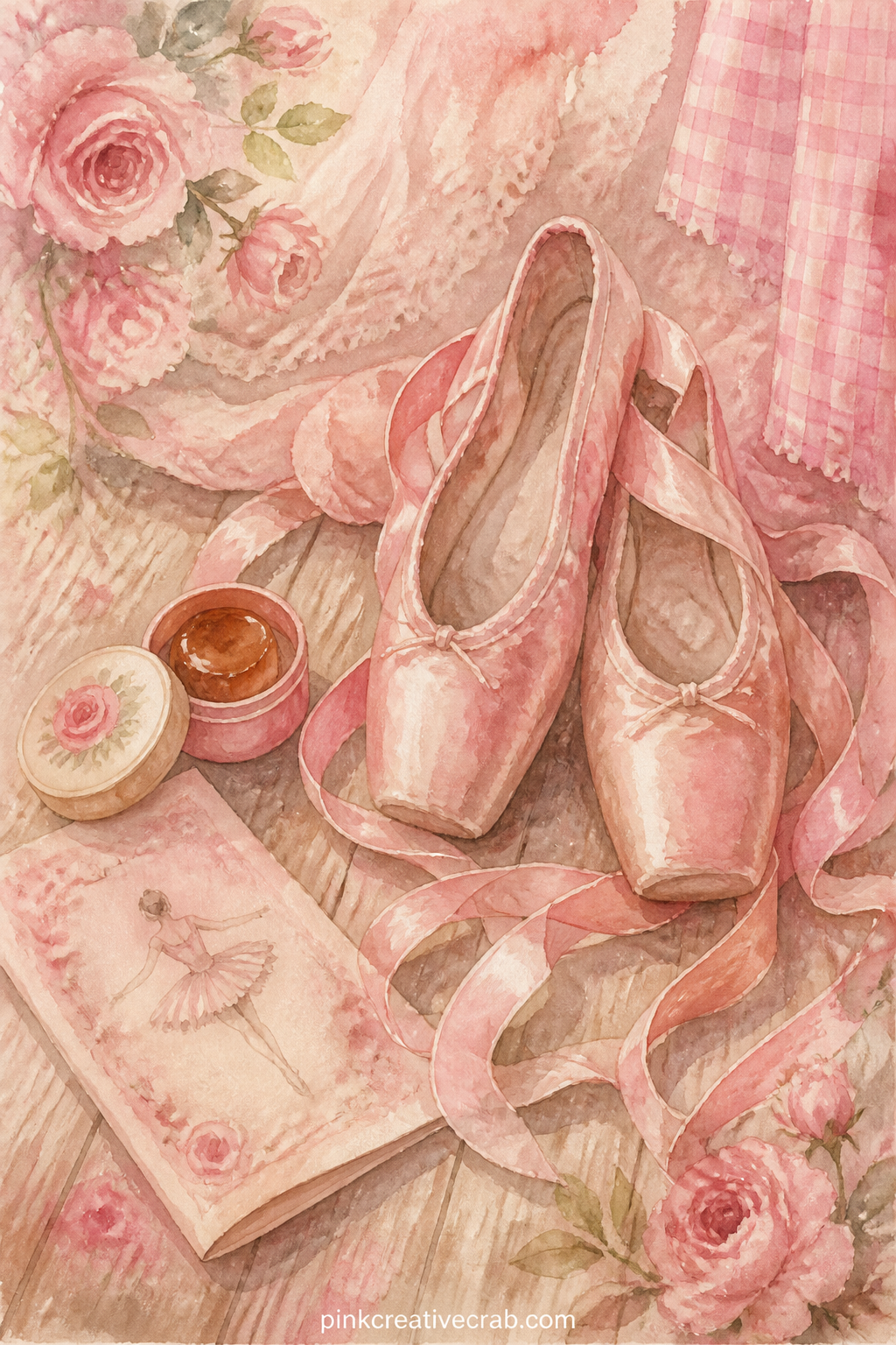 Pointe Shoes And Ribbon printable page — Worn pointe shoes with trailing satin ribbon, a small rosin box and a folded program sit together on a wooden floor