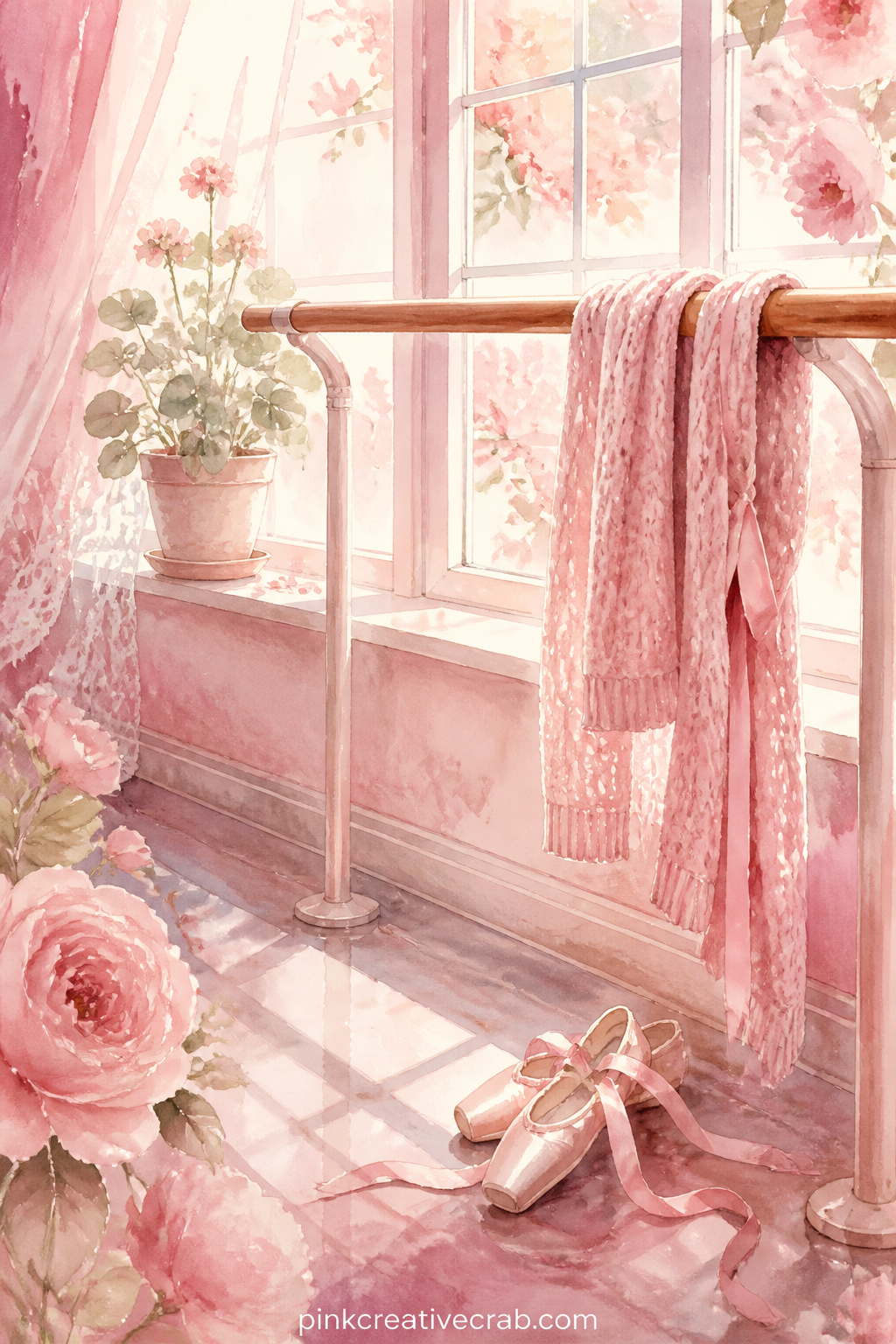 Ballet Barre By The Window printable page — A wooden barre runs along a tall window, with a cardigan hung over one end and a small potted plant on the sill
