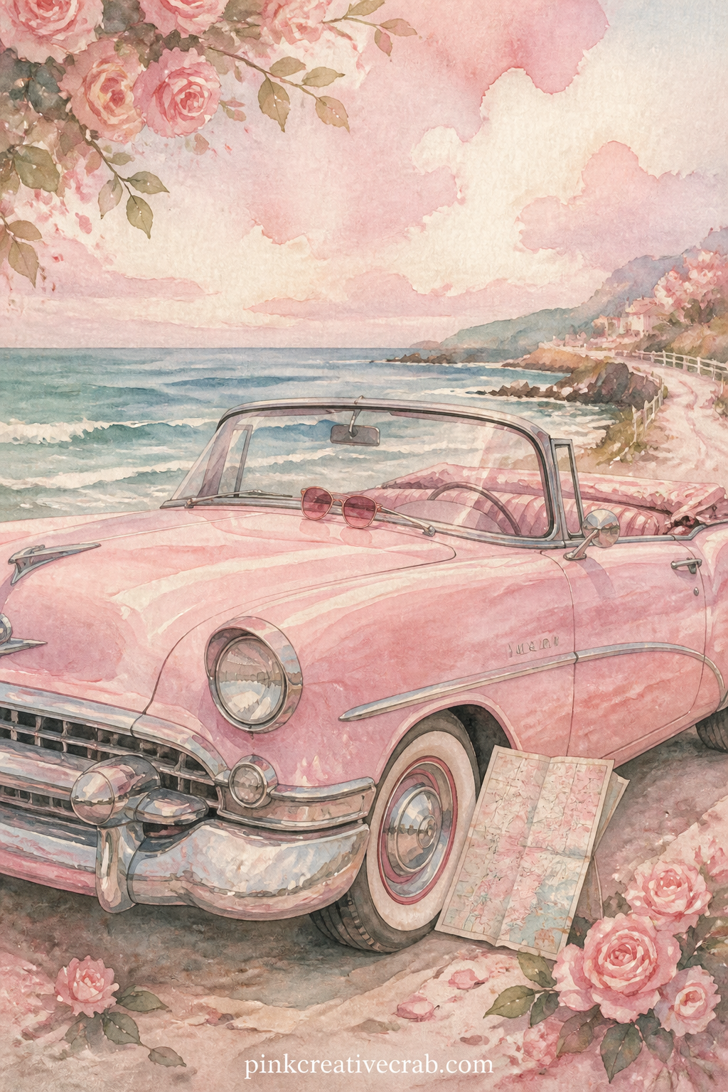 Vintage Pink Car By The Sea printable page — This page earns a tea stained edge better than most: dab the border along the horizon line so the stain reads as