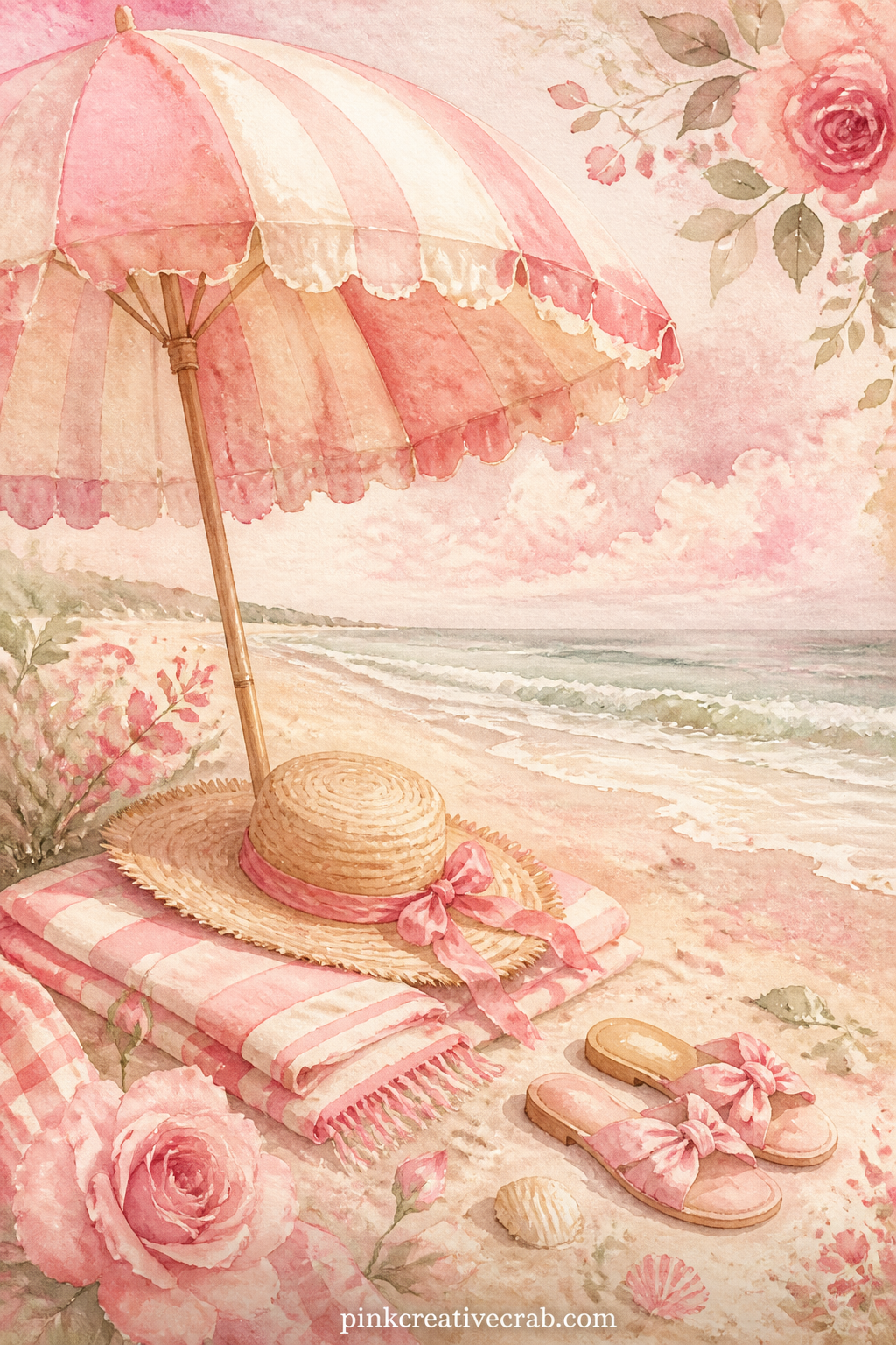 Pink Beach Umbrella And Towel printable page — The gift here is for anyone who loves a slow beach day: pair it with the stripe background later in the set so