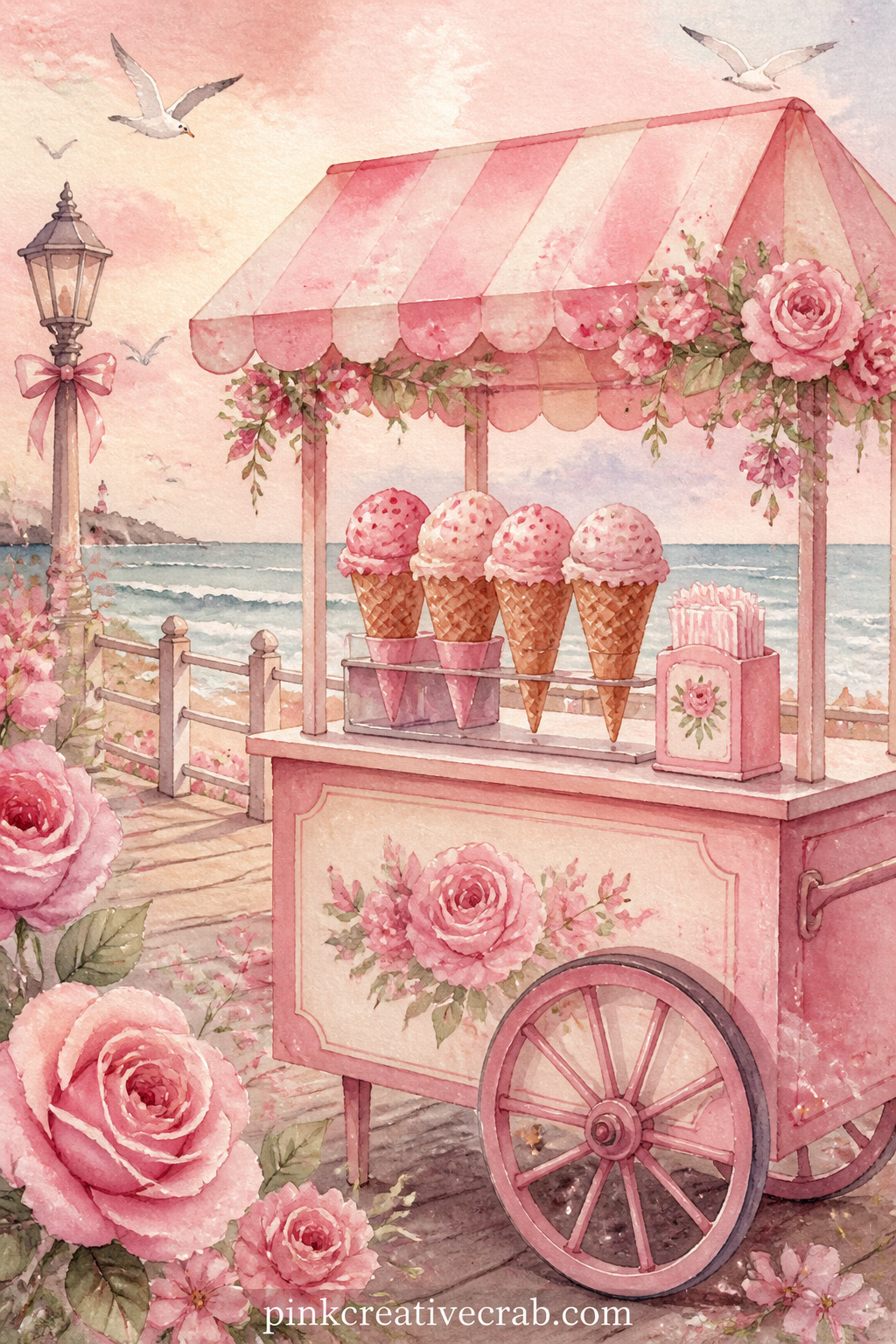 Seaside Ice Cream Cart printable page — A small cart stacked with pink scoops, a striped sign and a paper napkin holder sit on a boardwalk, with a few gulls