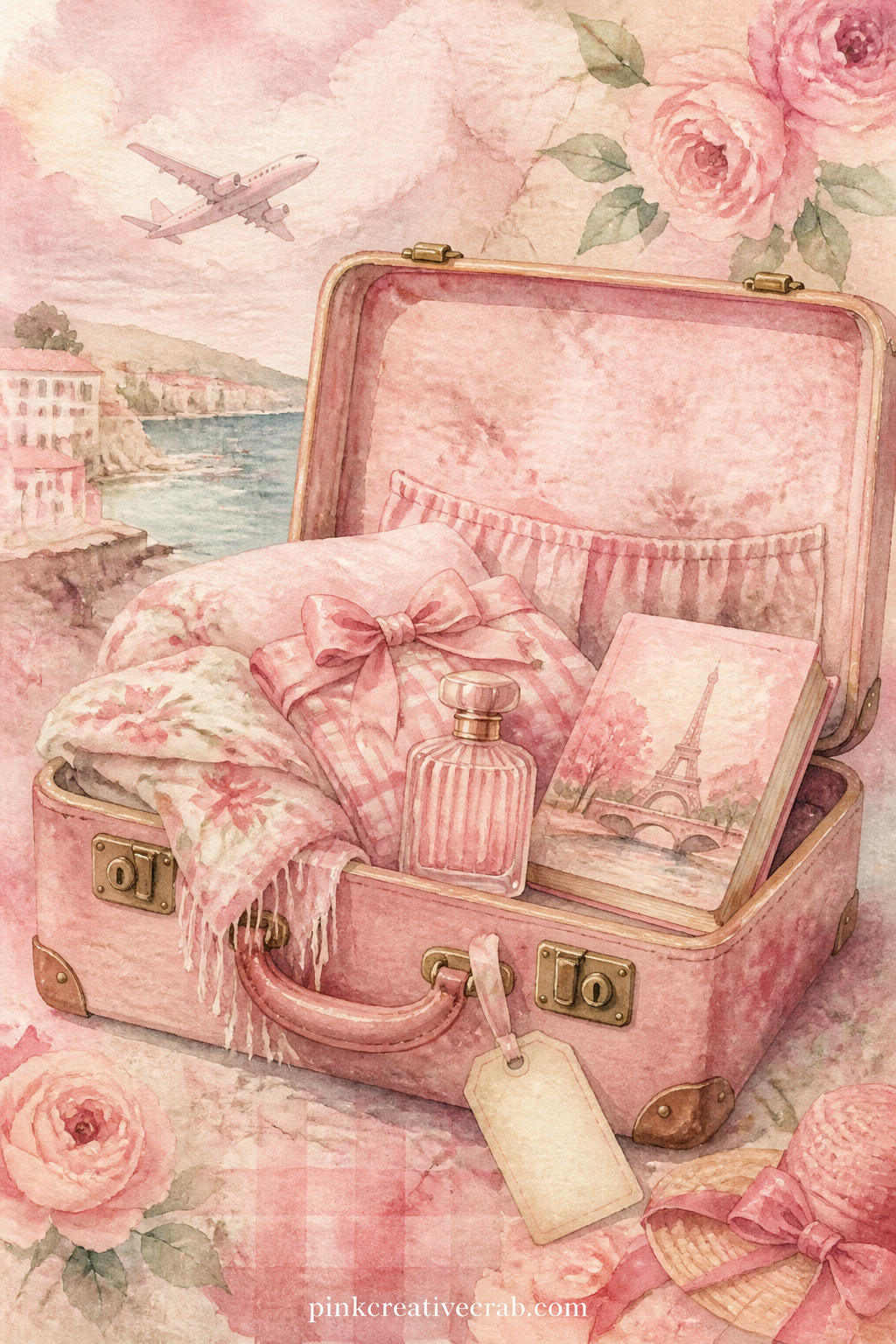Suitcase Packed For A Pink Getaway printable page — An open suitcase holds a folded scarf, a small perfume bottle and a paperback novel, with a luggage tag
