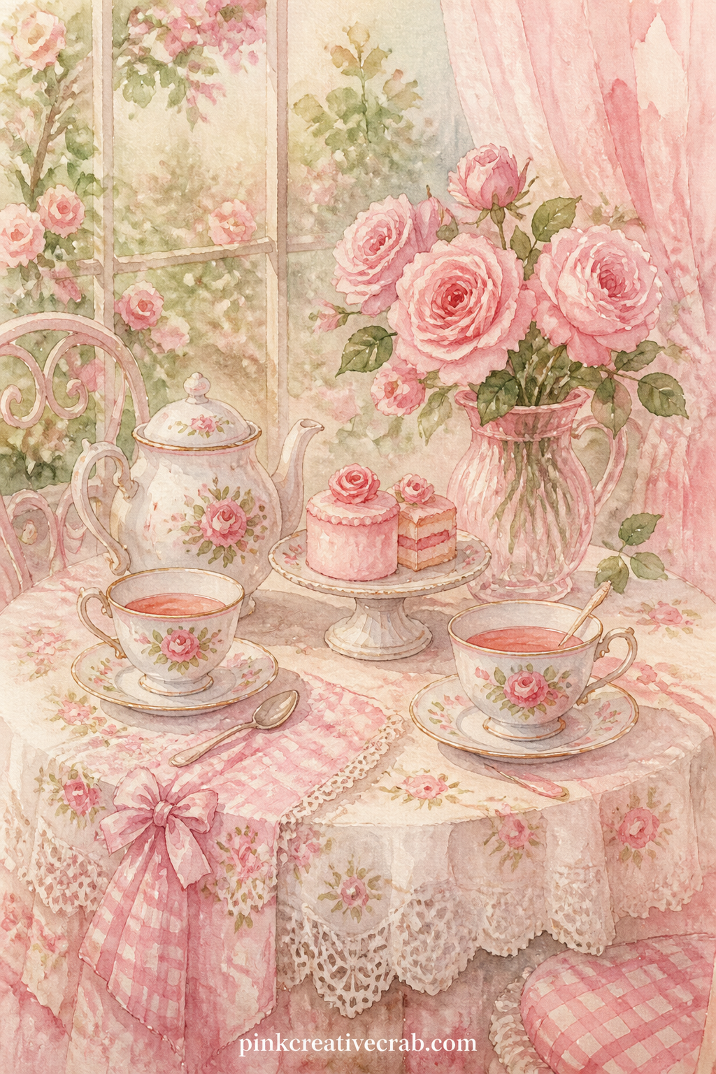 Tea Table Set For Two printable page — The usual mistake with a table scene is centering the teapot and leaving the corners empty. Pink junk journal