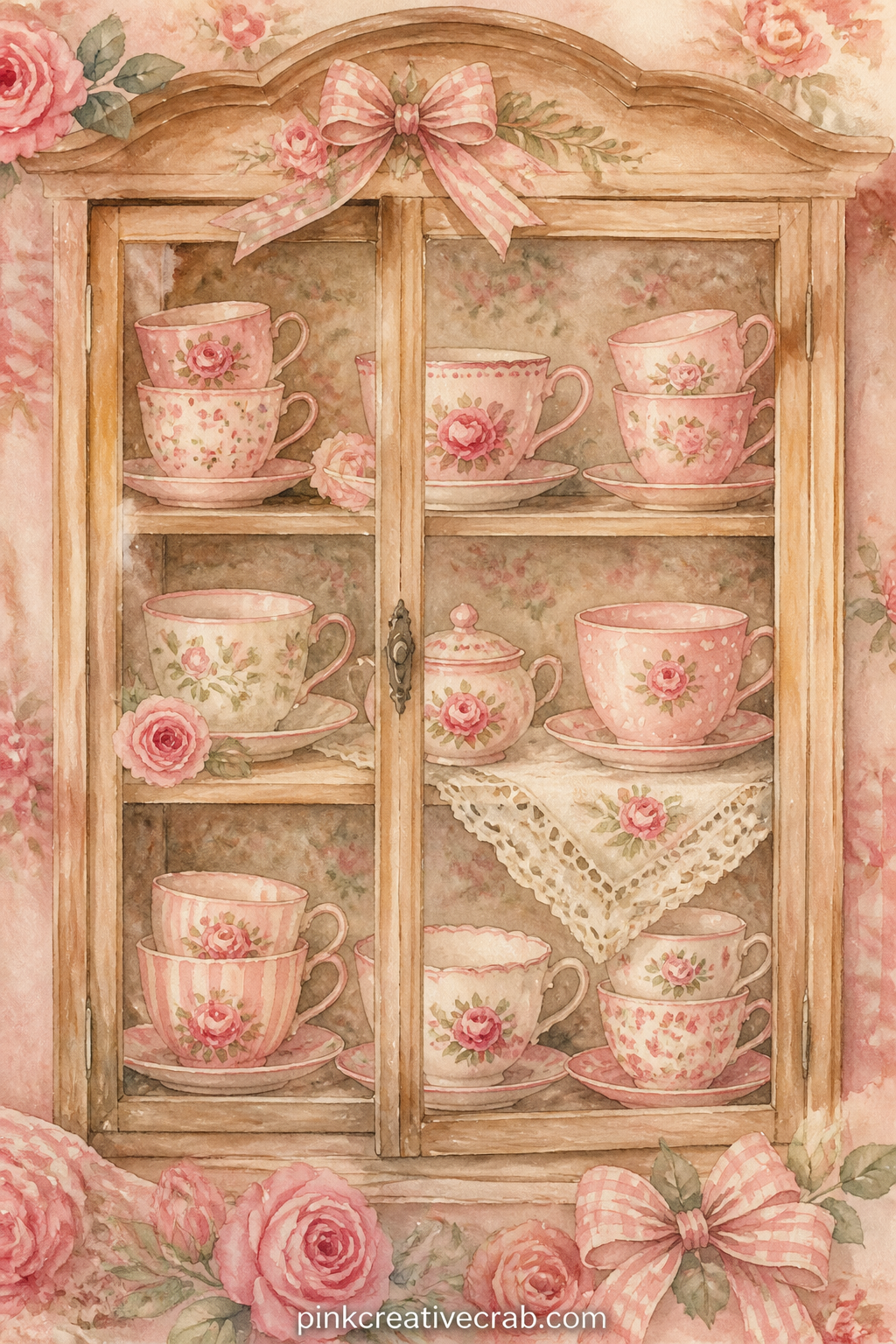China Cabinet Of Pink Teacups printable page — Glass doors reveal a shelf of mismatched floral teacups and saucers, a small sugar bowl and a folded doily, the