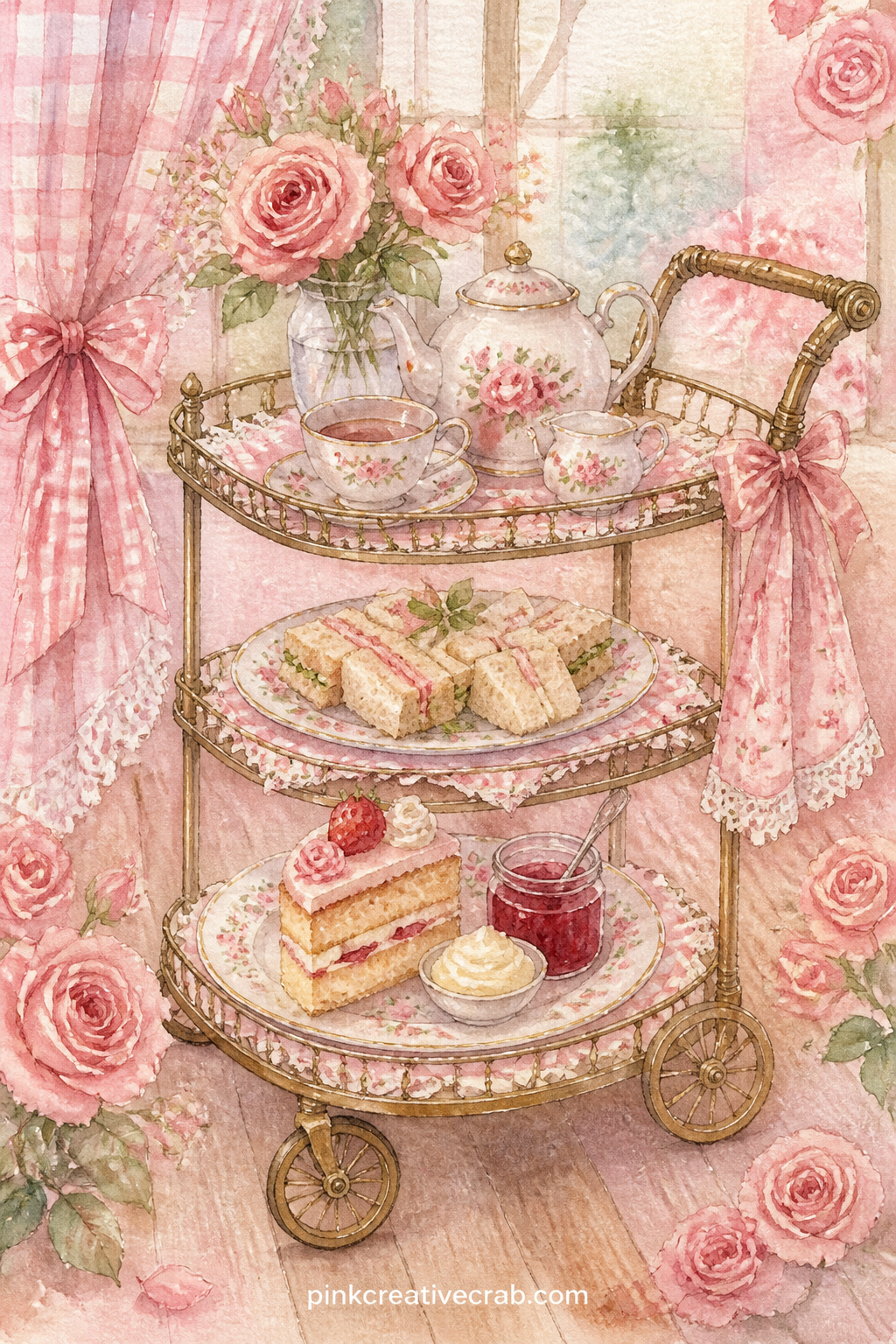 Afternoon Tea Trolley printable page — A tiered trolley carries sandwiches, a small cake and a pot of jam, rolling across a floor with a window and curtain