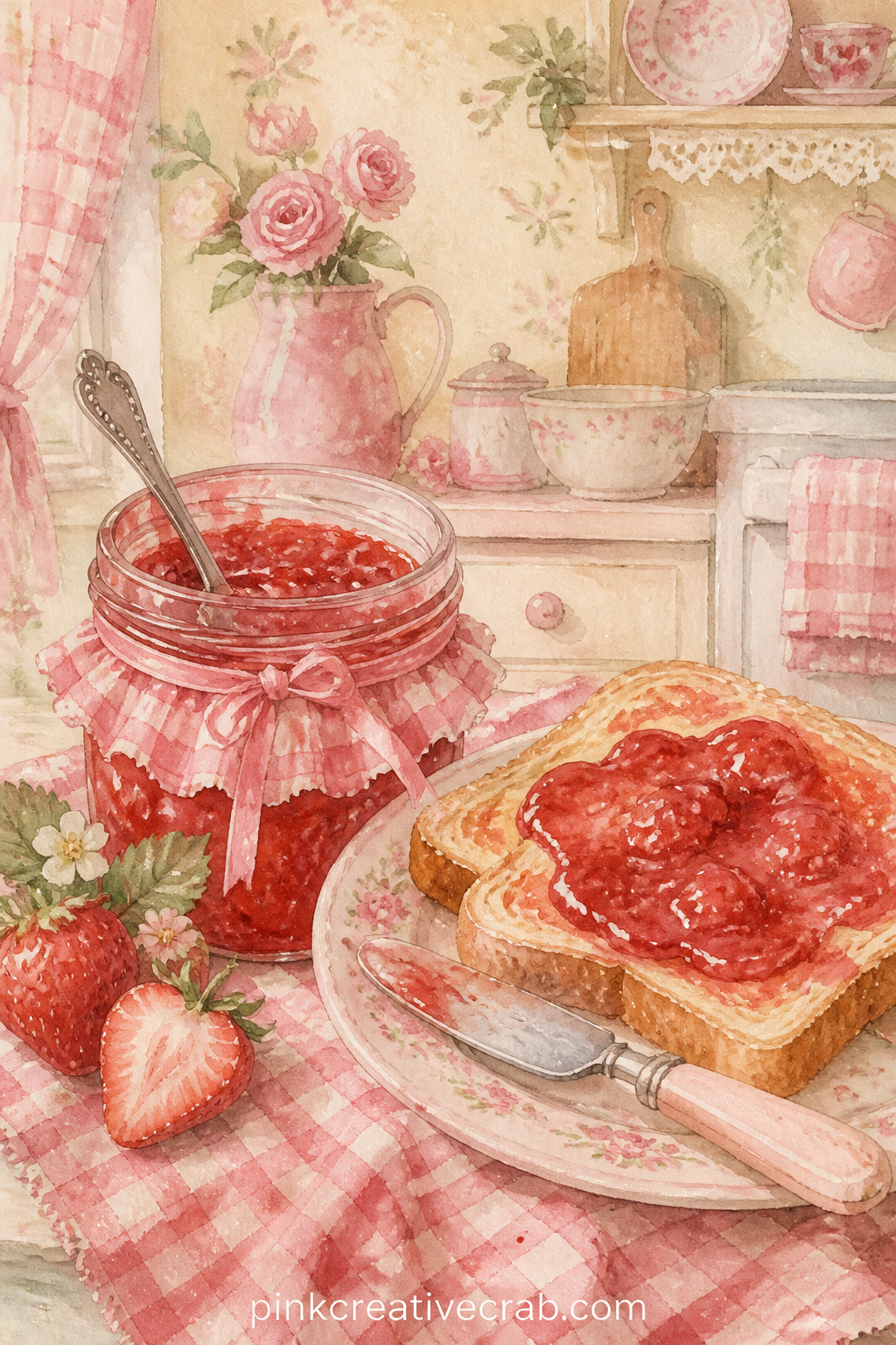 Jar Of Strawberry Jam And Toast printable page — This is for the pages for parents in a gift journal: a plain jar of jam, a plate of toast and a small knife