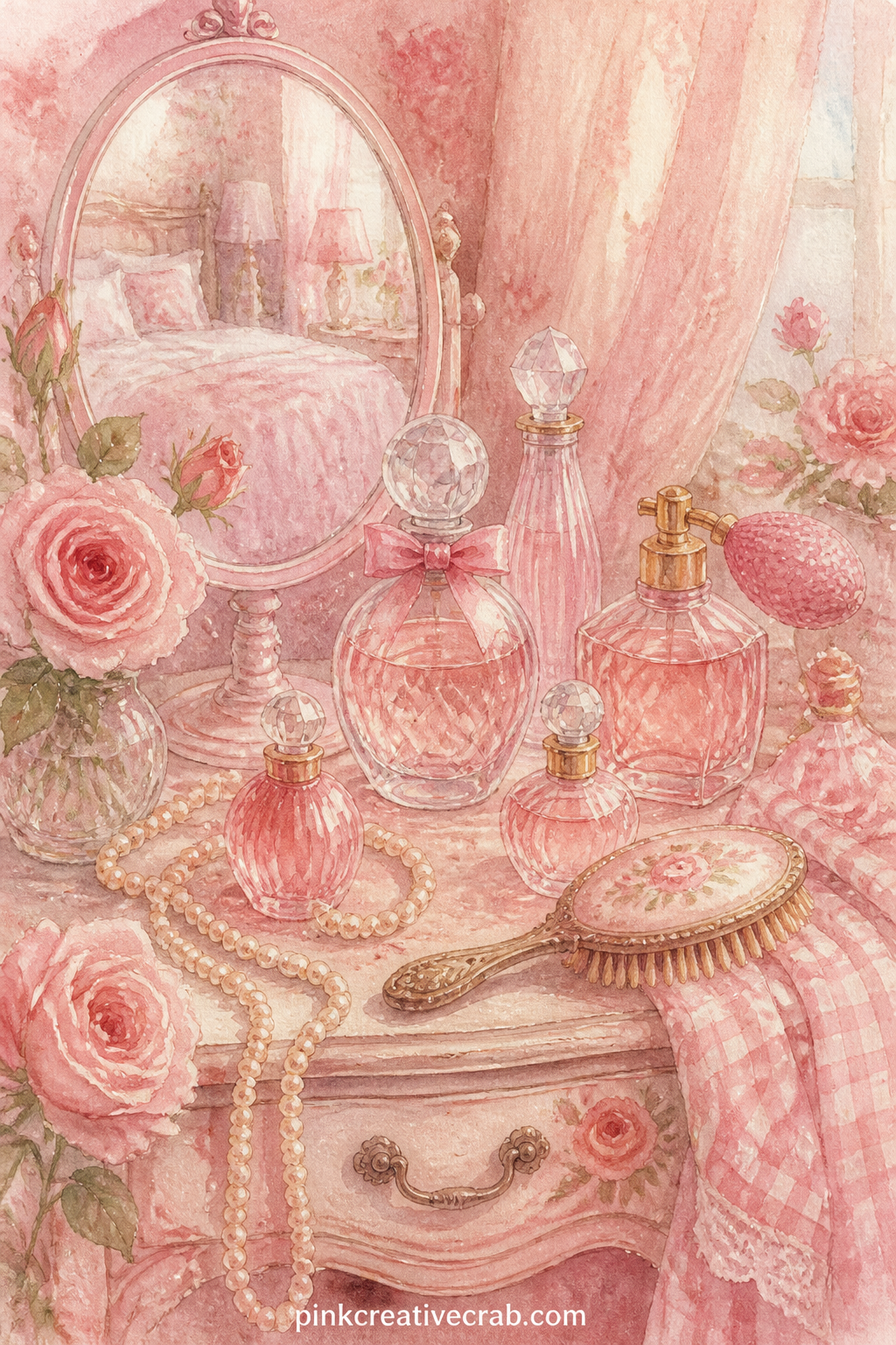 Vanity Table With Pink Perfume Bottles printable page — Several glass perfume bottles stand in front of a small round mirror, with a string of pearls draped