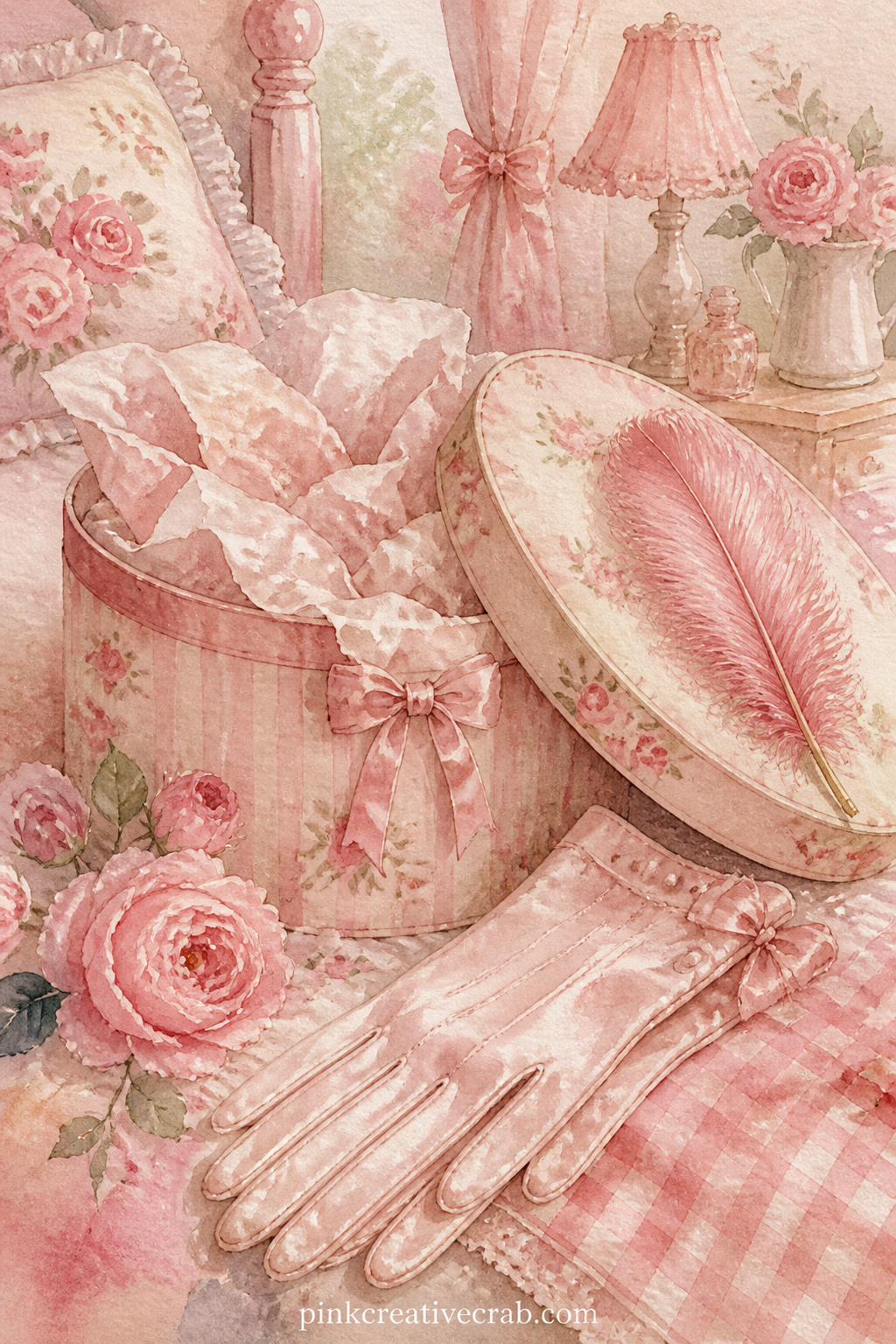 Hat Box And Silk Gloves printable page — A round hat box sits open with tissue spilling out, a pair of silk gloves folded beside it and a single pink feather