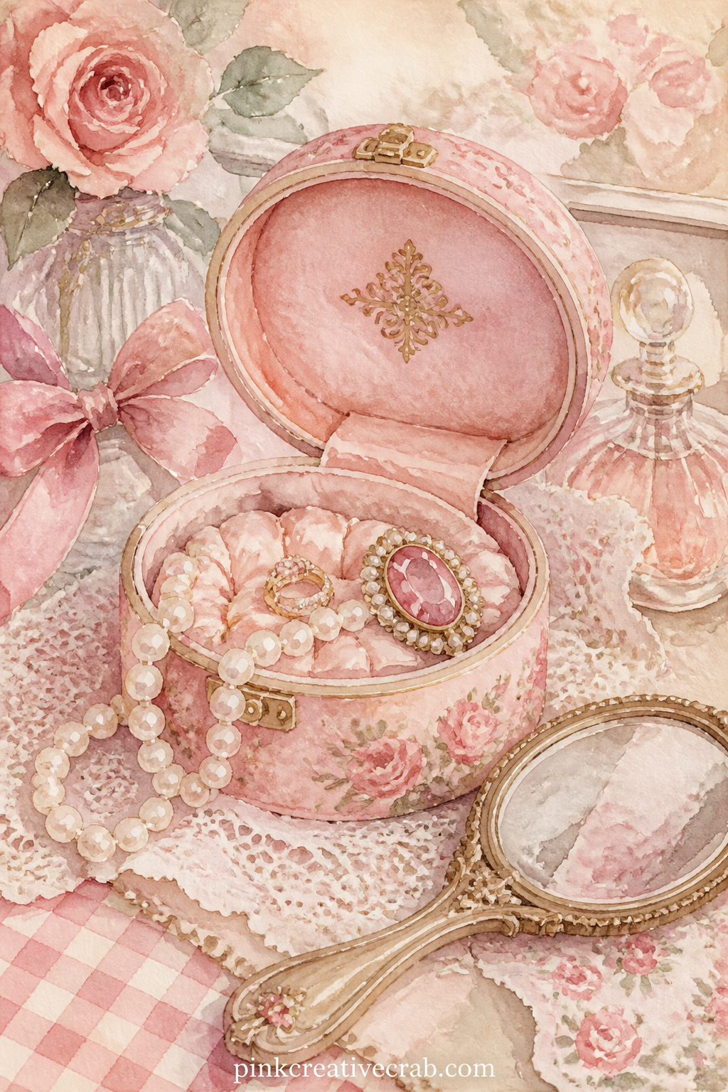 Jewellery Box With Pearls And Rings printable page — A small open jewellery box holds a string of pearls, a ring and a brooch, propped on a lace runner with a