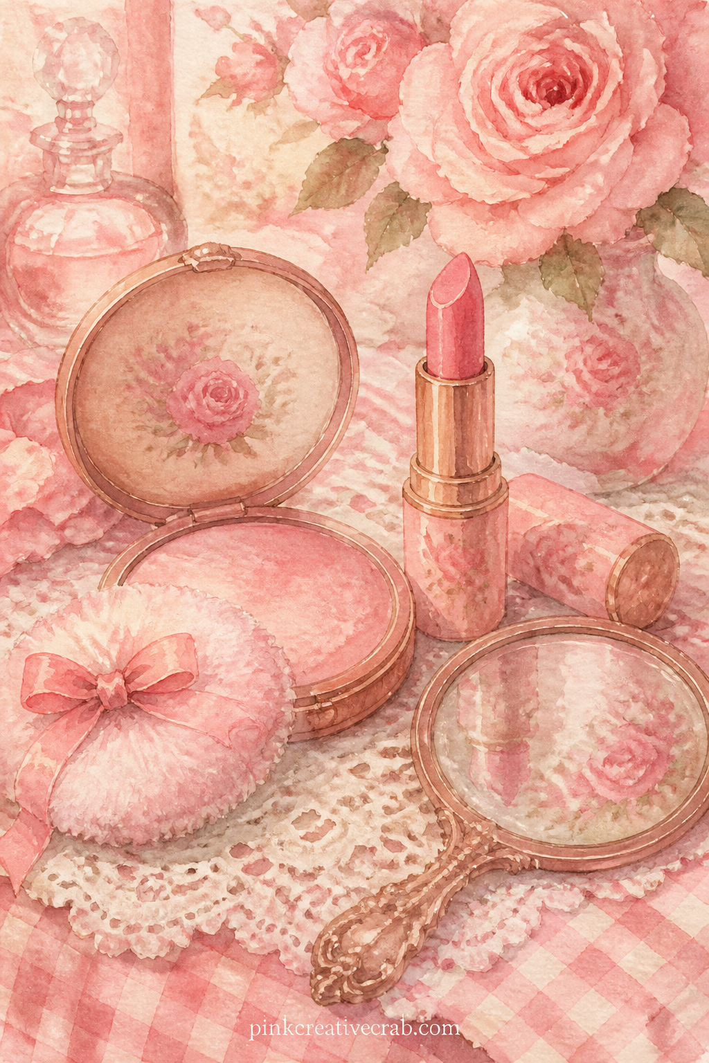 Powder Puff And Pink Lipstick printable page — Twenty to thirty words, one sentence: a powder compact, a tube of lipstick and a small mirror rest together on a