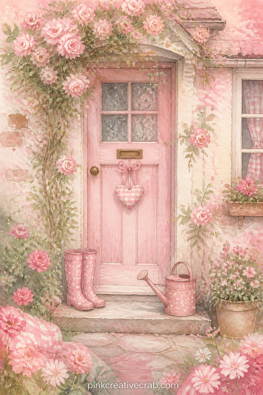 Pink Cottage Front Door printable page — A cottage door painted soft pink sits under a climbing vine, a watering can and a pair of wellington boots on the step