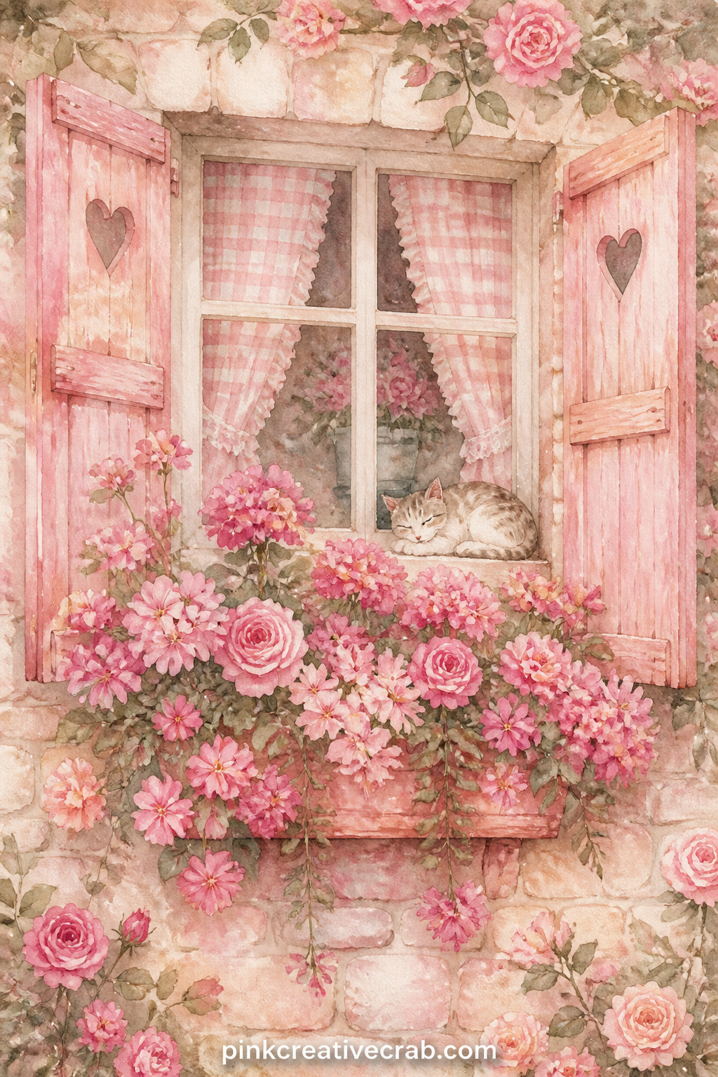 Window Box Of Pink Flowers printable page — For the five minute version, glue this page in as is and skip adding anything extra: the window box itself, a pair