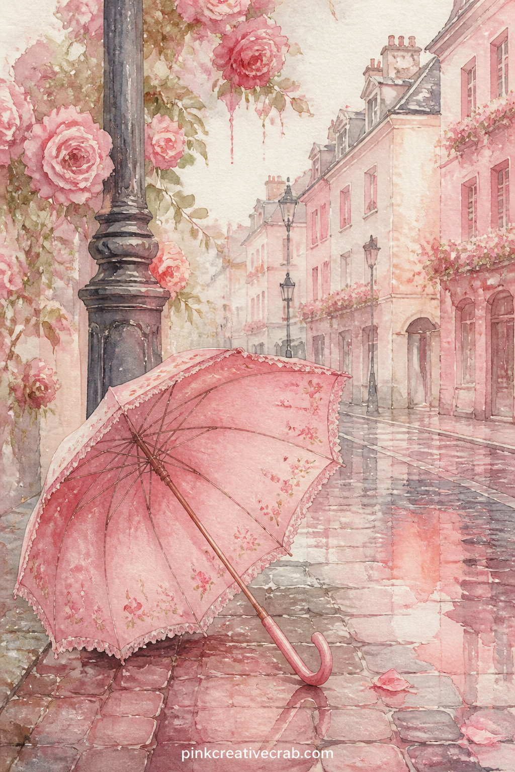 Pink Umbrella On A Rainy Street printable page — A single pink umbrella rests open against a lamppost on a wet cobbled street, a small puddle reflecting soft