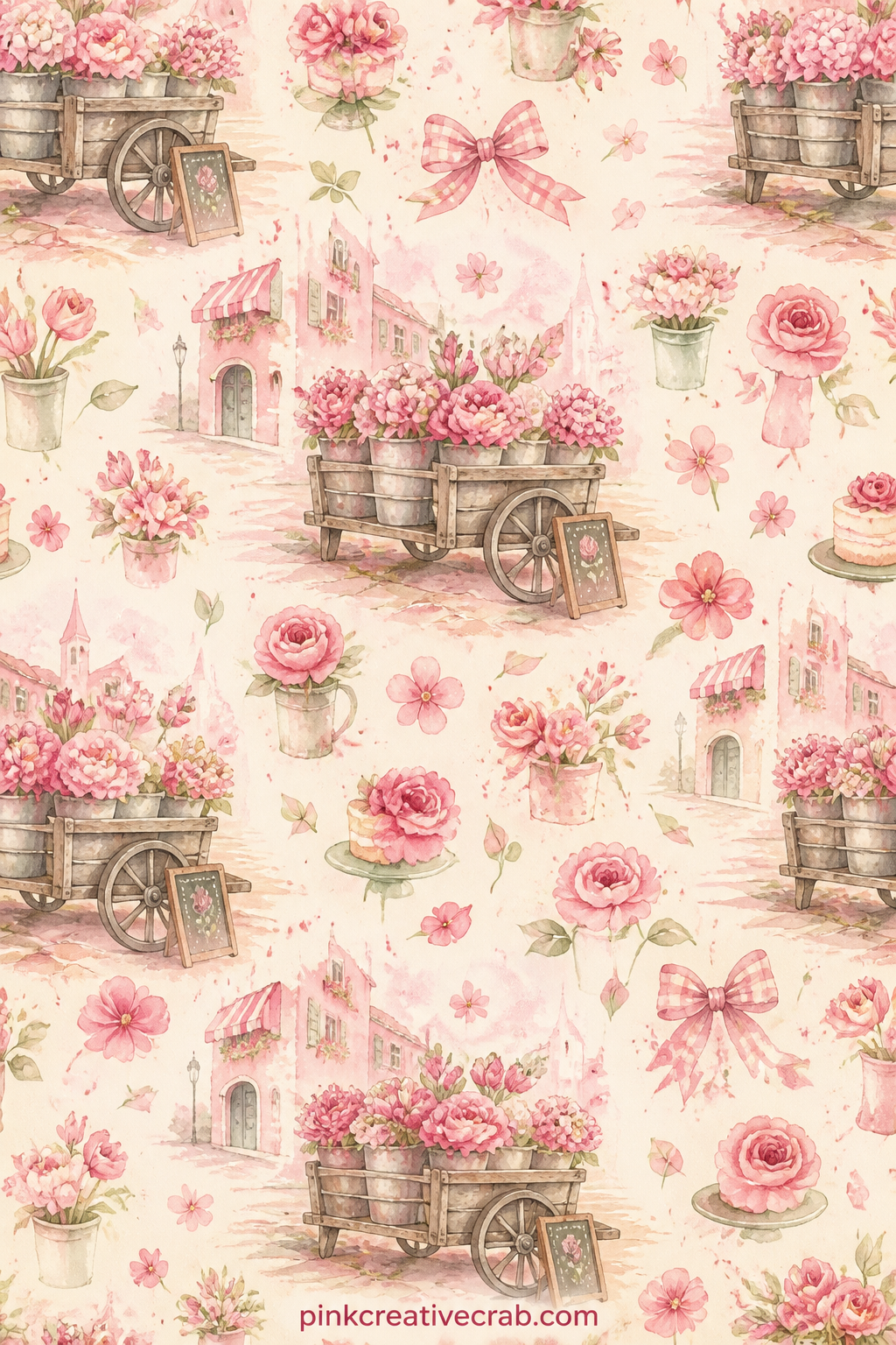 Flower Cart On A Pink Street printable page — A wooden cart loaded with buckets of pink blooms stands at a street corner, a chalkboard price sign leaning