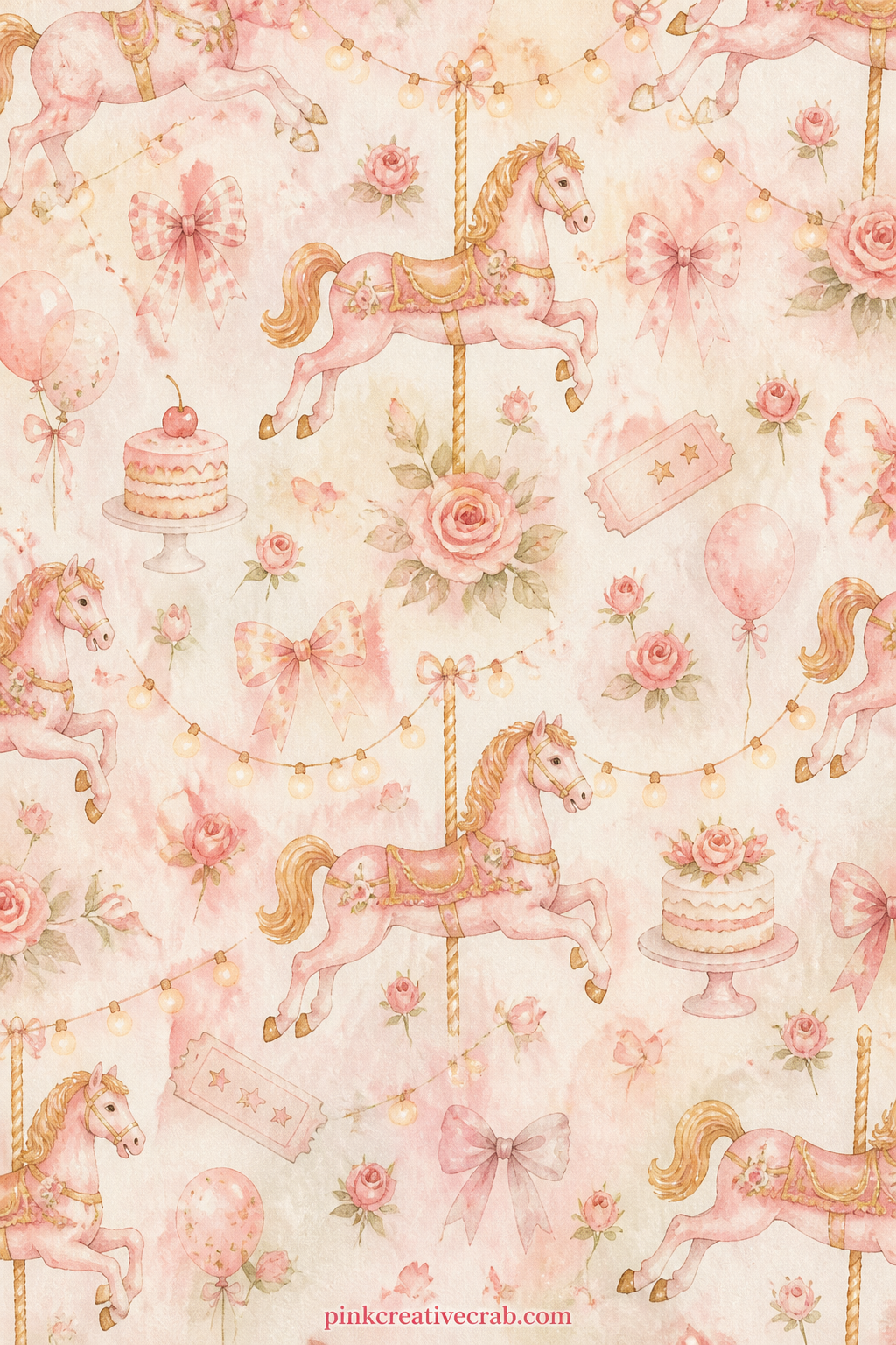 Pink Carousel Horse printable page — A single carved carousel horse, painted pink and gold, stands mid leap with a string of lights looped above it and a