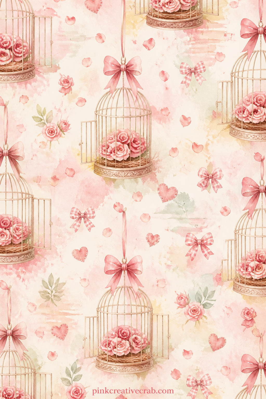 Birdcage Of Paper Roses printable page — An open birdcage holds a small nest of paper roses instead of a bird, hung from a ribbon, with a few loose petals