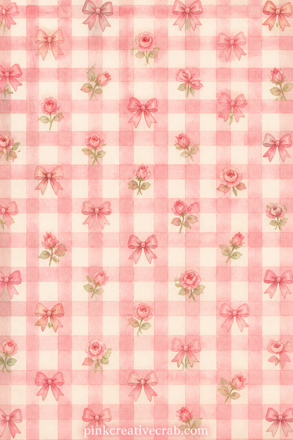 Pink Gingham And Bows Pattern printable page — Soft pink gingham checks run edge to edge with tiny bows scattered between the lines, suited to a cover, a