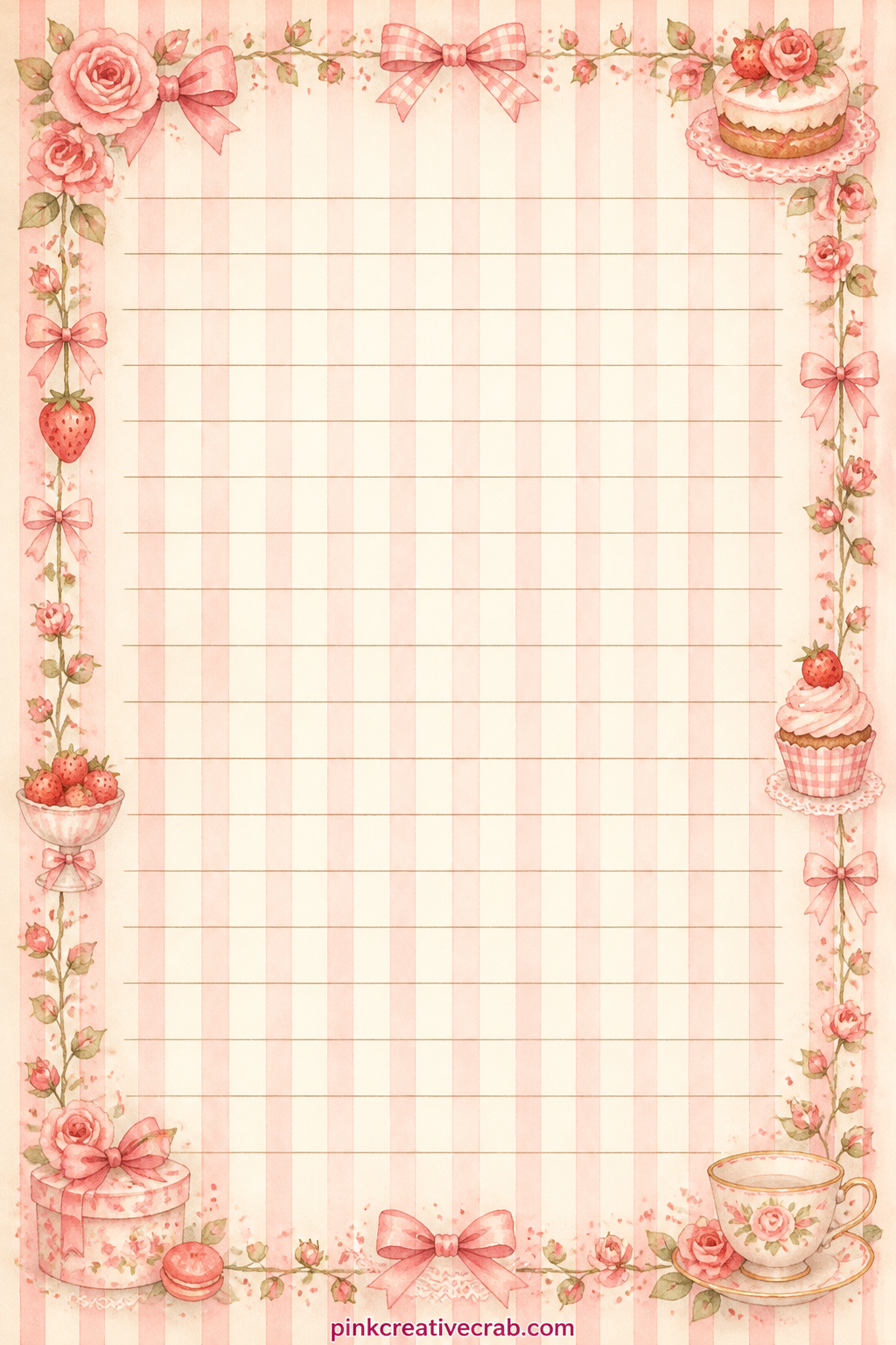 Candy Stripe Background Paper printable page — Narrow pink and cream stripes run the length of the page, steady enough to use under a bakery photo, as a pocket