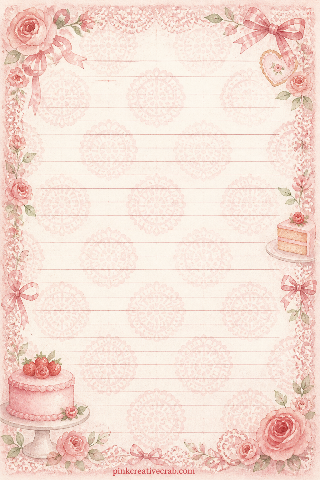 Lace Doily Pattern Paper printable page — A faint lace doily motif repeats in rows across cream paper, gentle enough to sit under a teacup photo or behind a