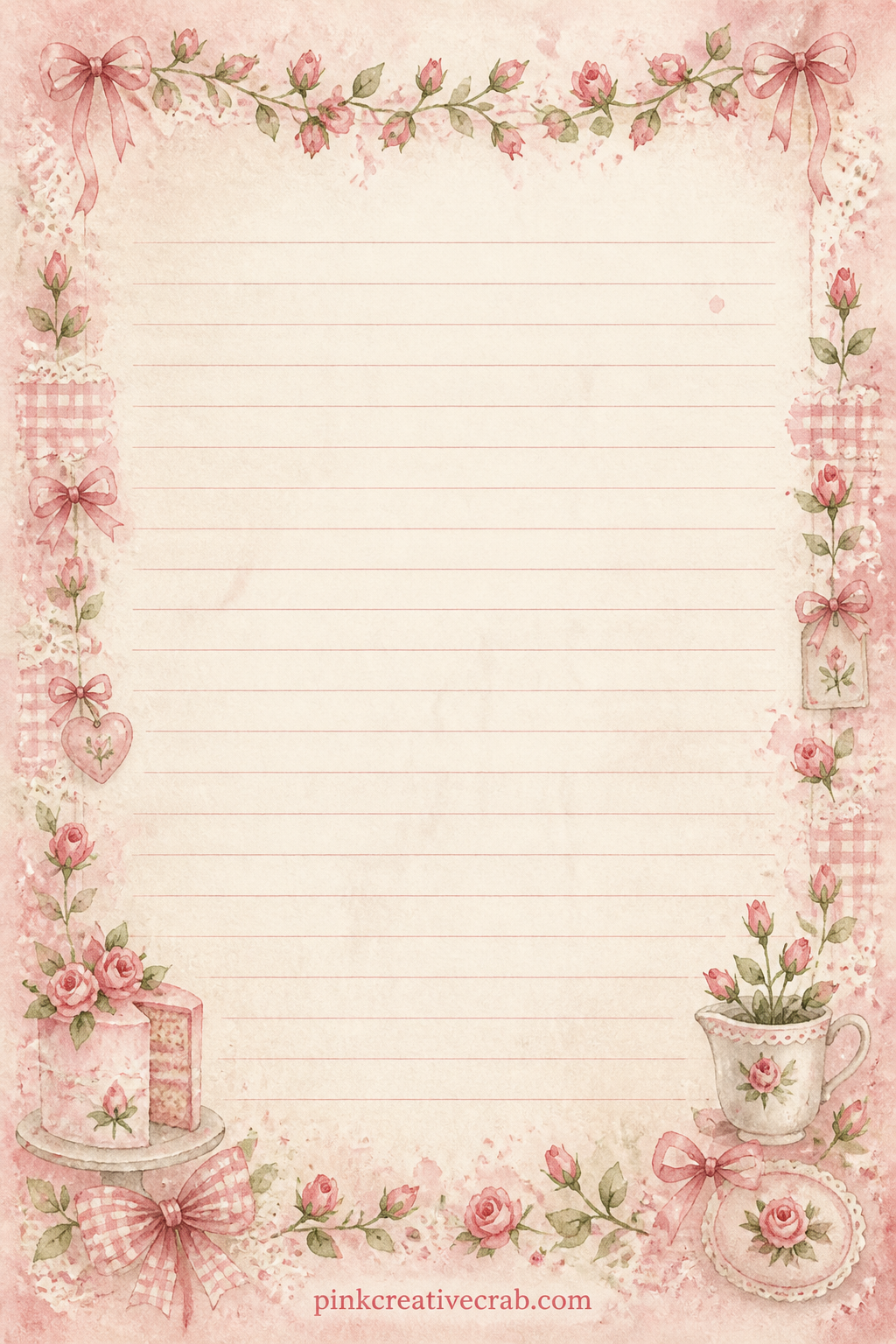 Rosebud Border Lined Page printable page — A trail of small rosebuds runs along the top border above faint ruled lines, room enough for a gift list, a short