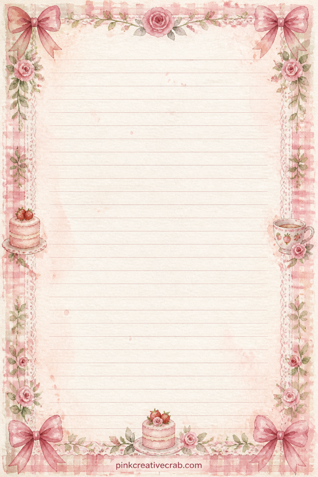 Bow Corner Lined Page printable page — Small bows sit in each corner around faint ruled lines, enough room for a favourite recipe, a packing list for a trip