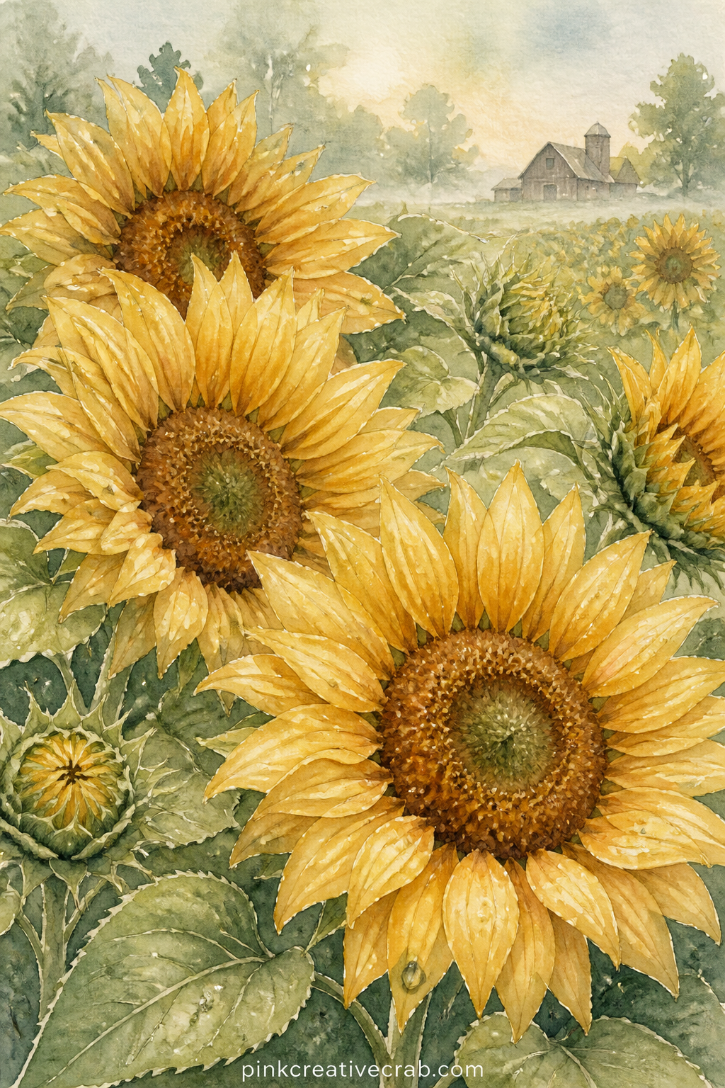Morning Dew On Sunflowers printable page — Pair this page with the gingham background paper later in this set: glue a small square of it behind the page as a