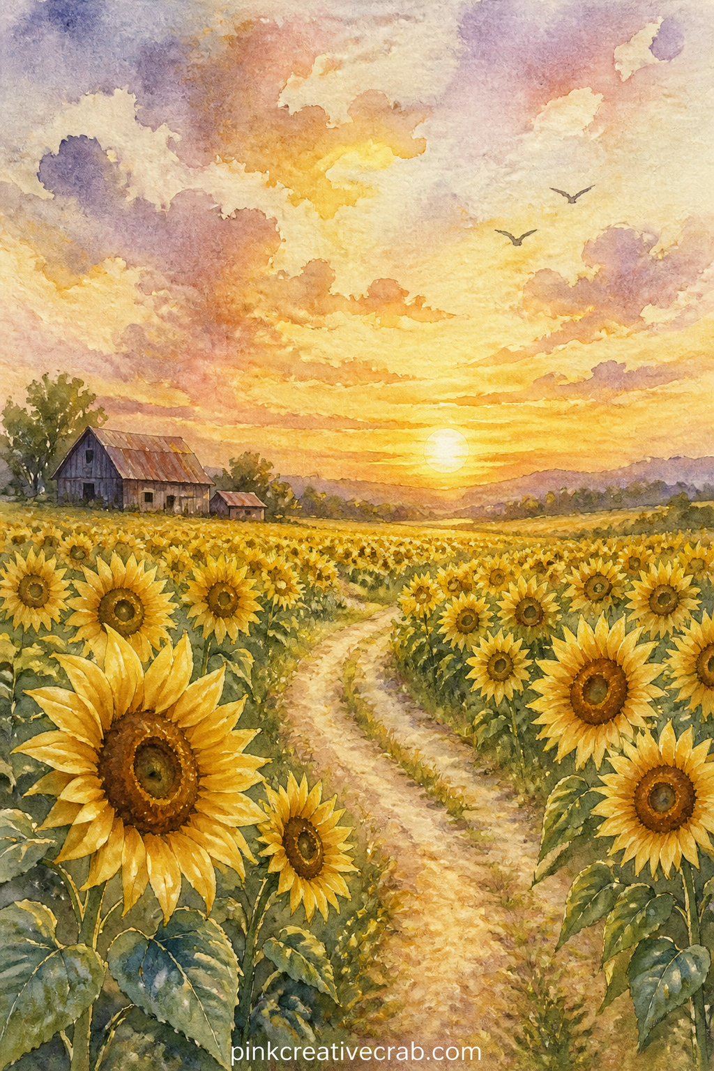 Sunflower Field At Sunset printable page — Rows of sunflowers turn their faces toward a low orange sun in this one, a quiet gold and lavender sky stretching
