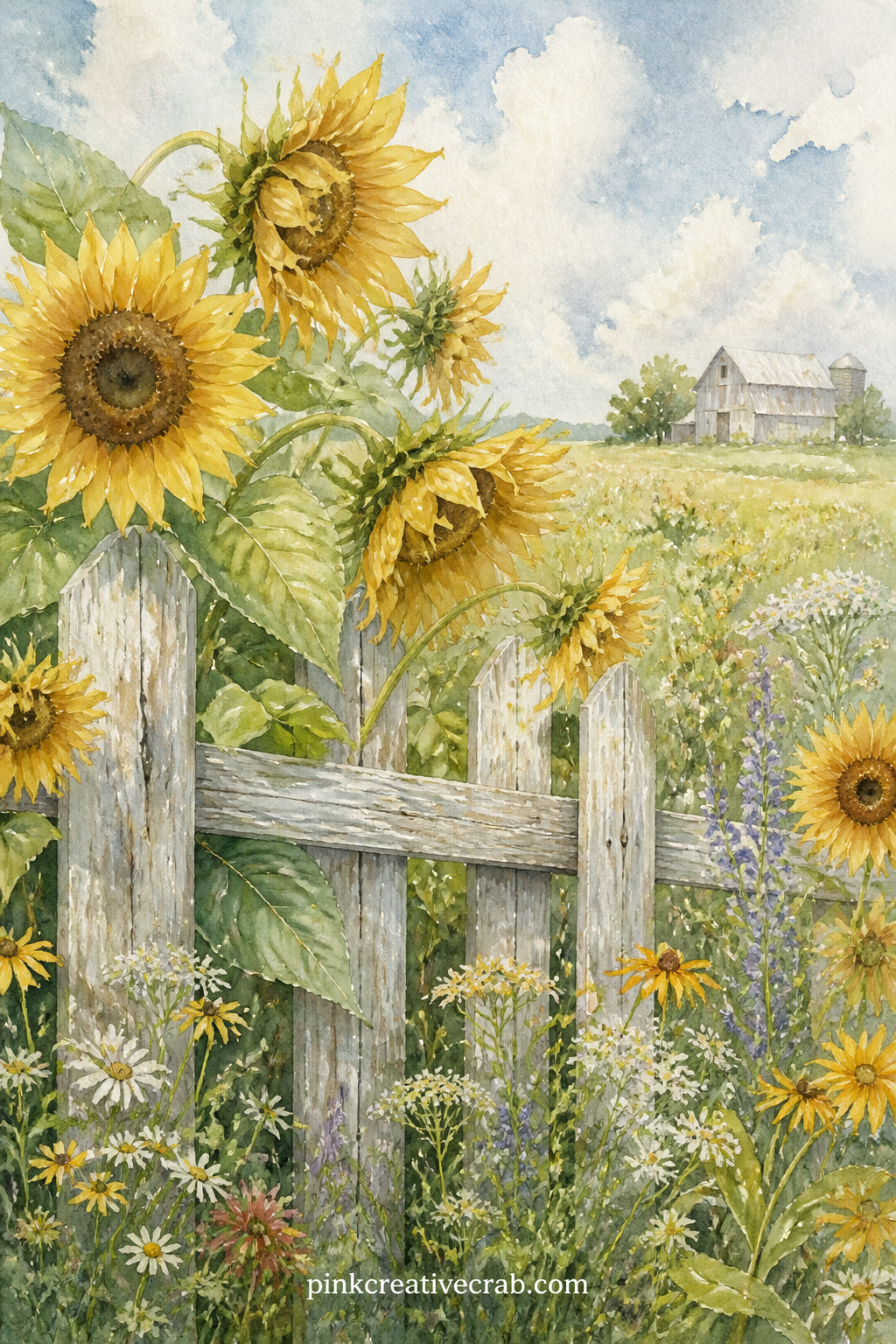 Sunflowers Along A Fence printable page — A simple wooden fence catches the eye first, then a loose crowd of tall sunflowers leaning over it toward an open