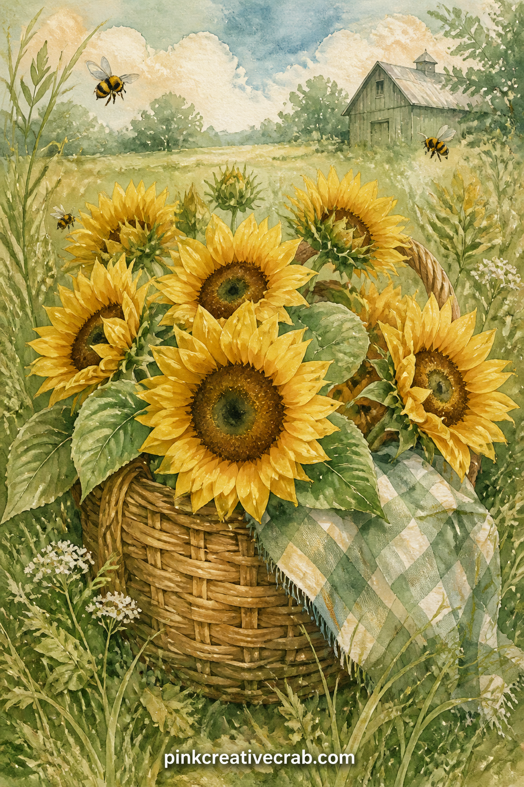 Harvest Basket Of Sunflowers printable page — The usual mistake on a page like this is drawing a bouquet so tight it looks stiff: let two or three stems lean