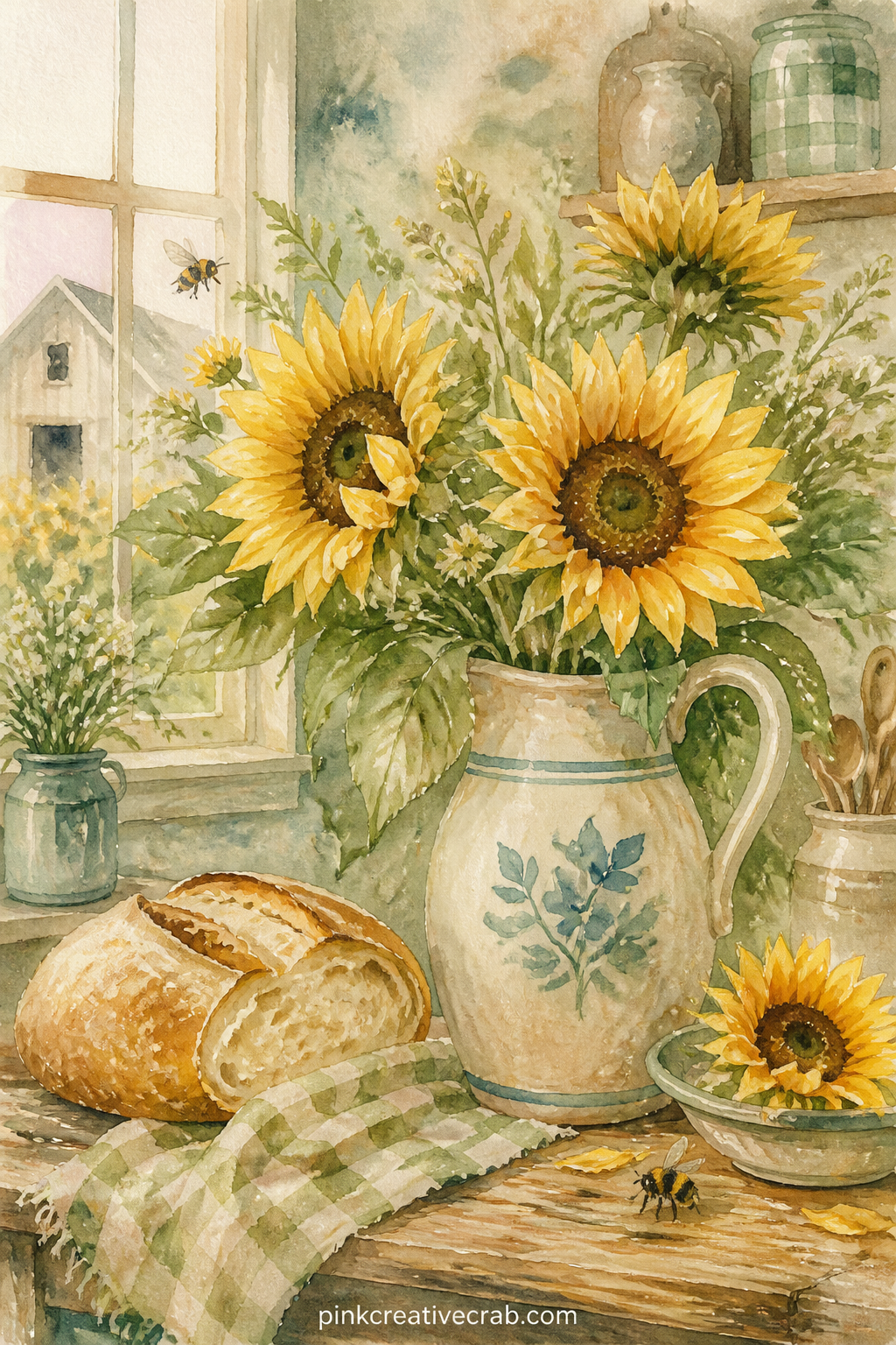 Farmhouse Kitchen With Sunflowers In A Jug printable page — Write the name of a favourite summer recipe along the bottom edge of this page, tucked between the
