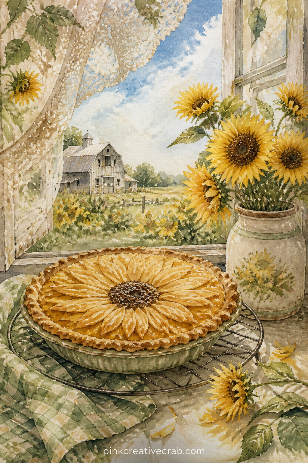 Sunflower Pie Cooling On A Sill printable page — A pie cools on a windowsill, a small jar of sunflowers beside it and a lace curtain stirring in the open