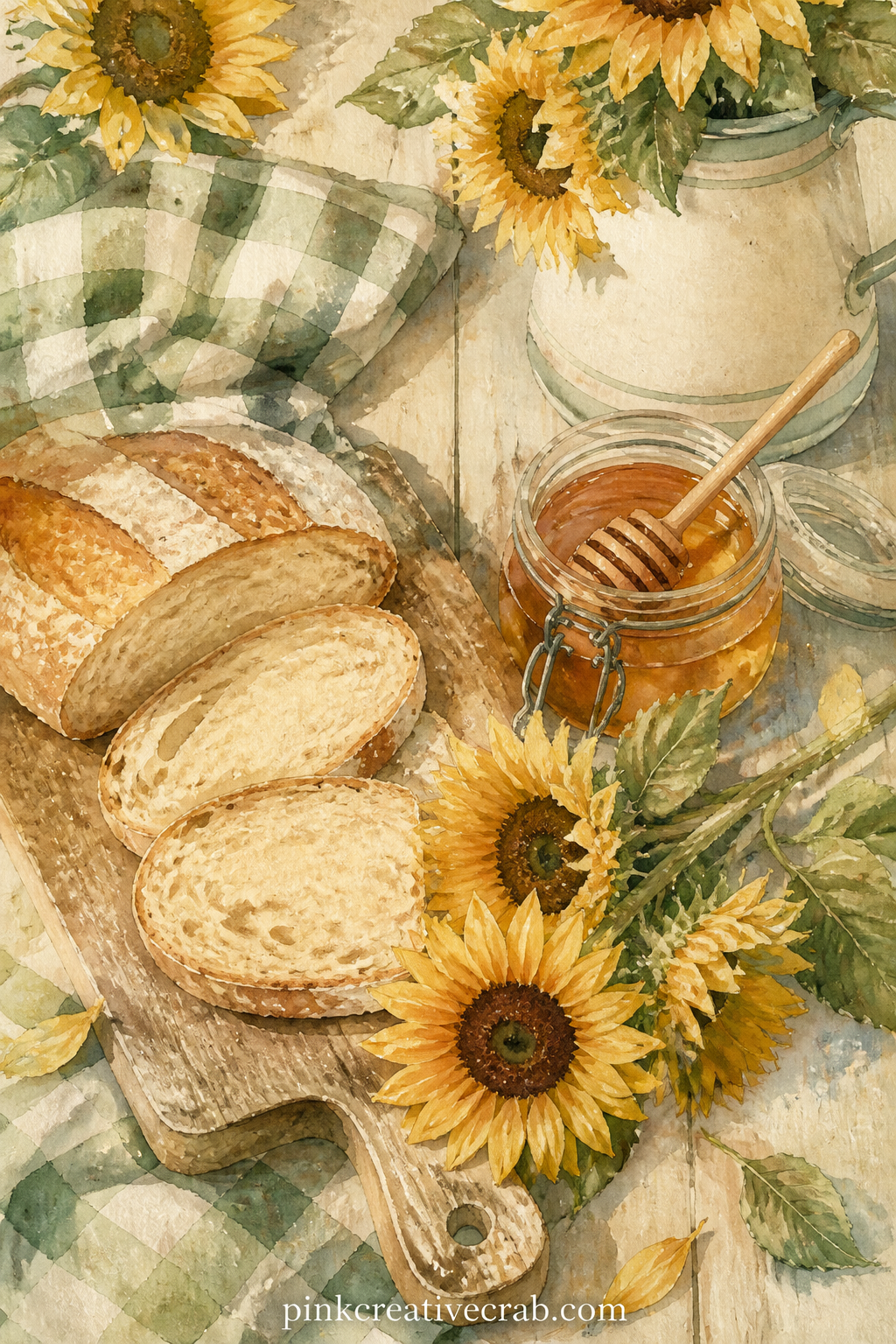Sunflower Bread And Honey printable page — Sliced bread, a honey jar with a wooden dipper, and a short stem of sunflowers laid across the board behind them