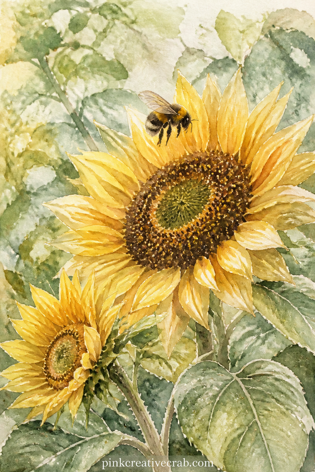 Bee Landing On A Sunflower printable page — Glue a real pressed leaf or petal near the base of the stem on this one, the kind of small addition that makes a