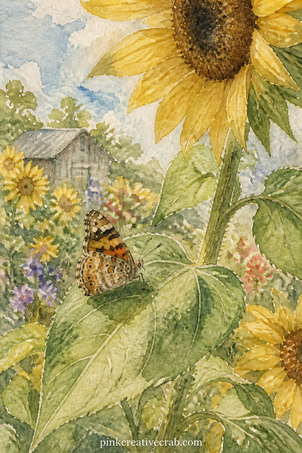 Butterfly On A Sunflower Leaf printable page — What landed on the page today, and did it stay long enough to notice its colors. Sunflower junk journal