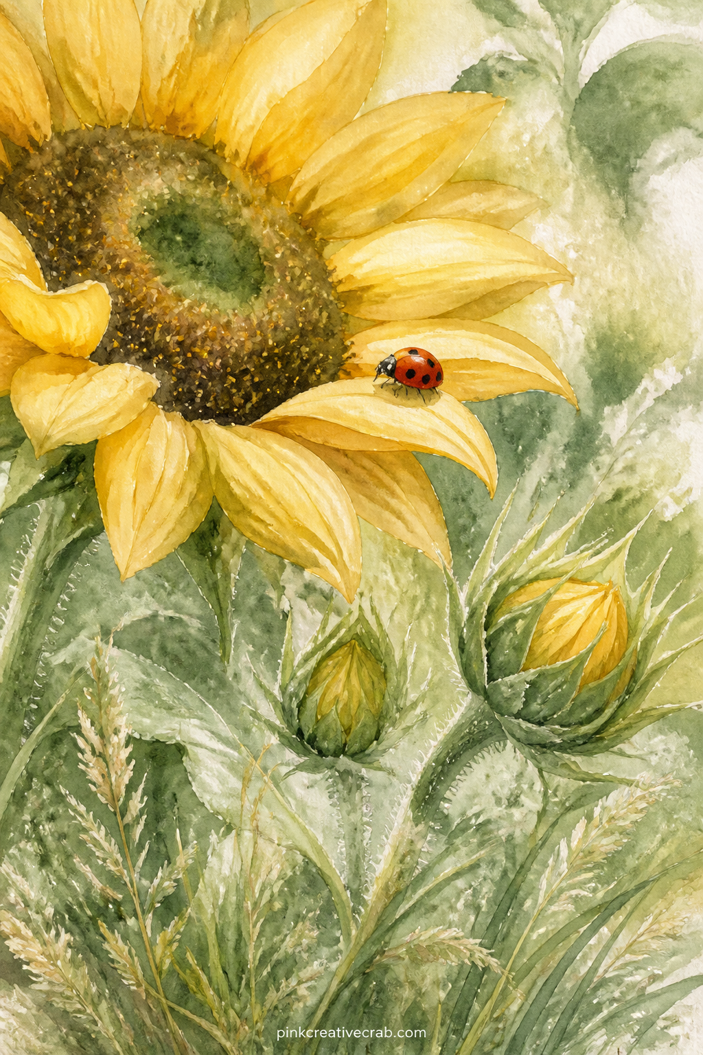 Ladybird On A Sunflower Petal printable page — A ladybird rests on the edge of a curling sunflower petal, two smaller buds nearby and a patch of soft grass