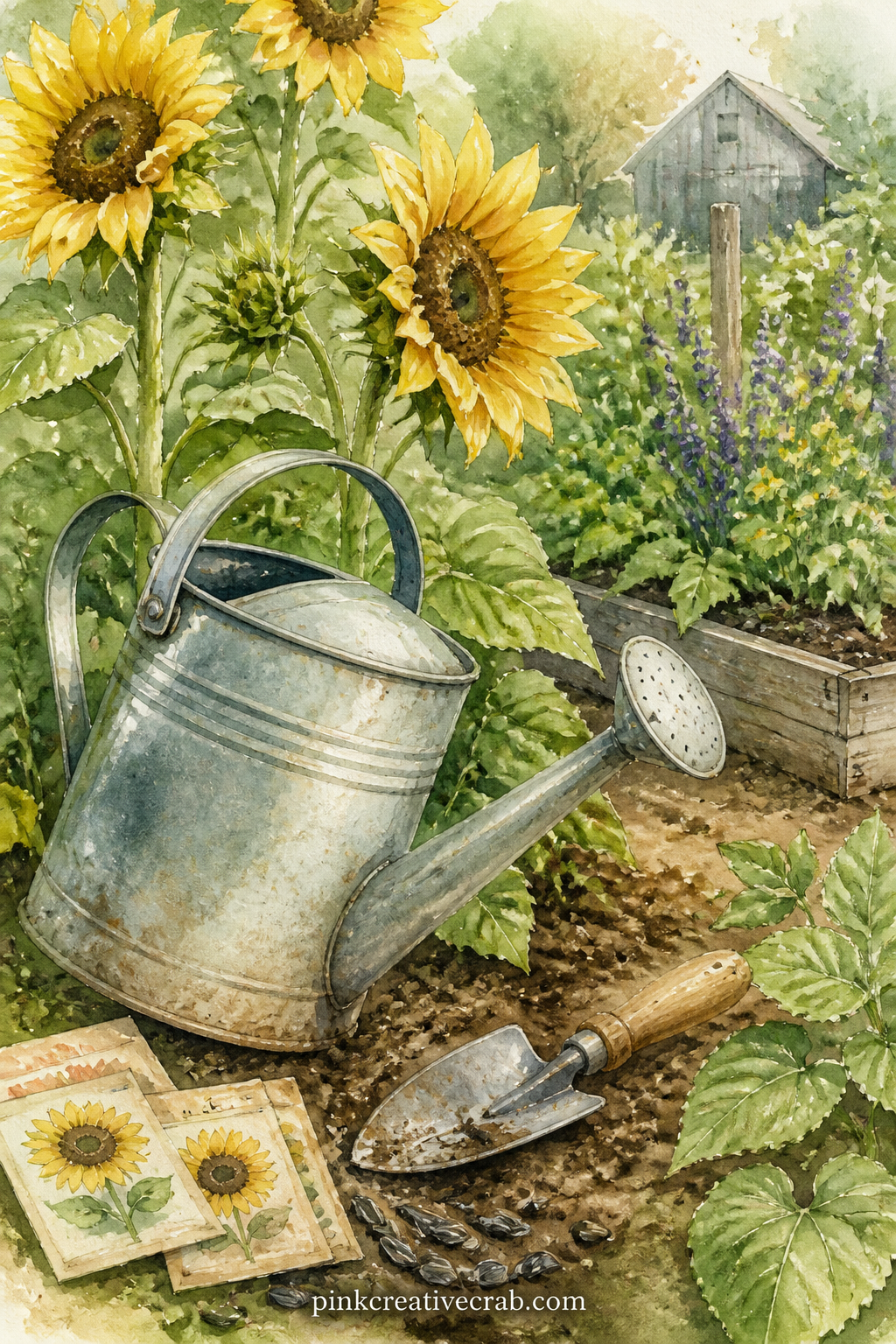 Garden Watering Can And Sunflowers printable page — An old tin watering can leans against a row of young sunflowers, with a trowel and a scatter of seed