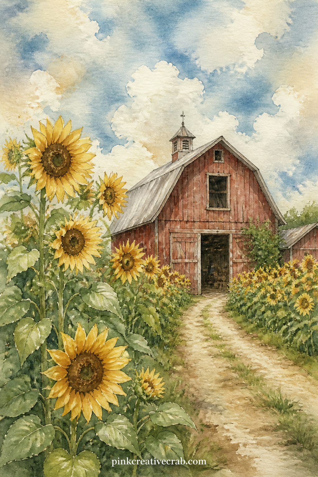 Red Barn Behind Tall Sunflowers printable page — Tear the right edge of this page unevenly before gluing it in, so the barn's roofline seems to continue past